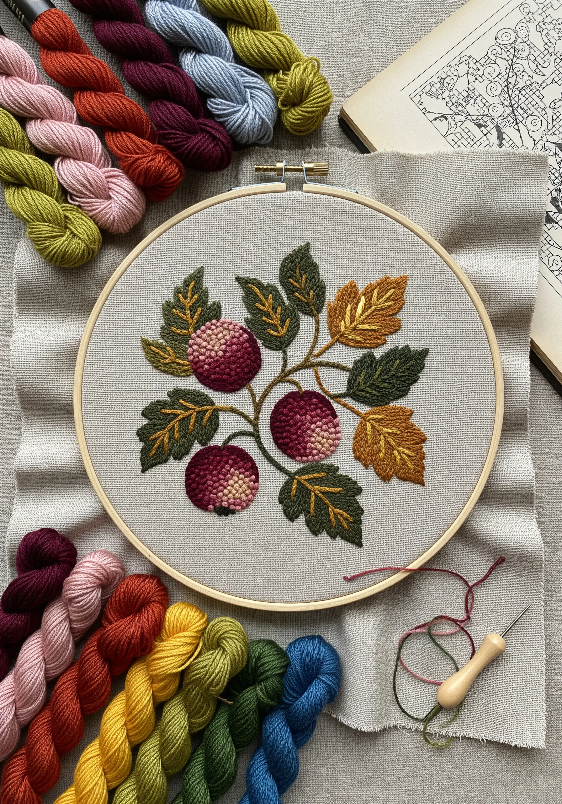 A detailed punch needle design in a hoop featuring berries with high loops and flat leaves.