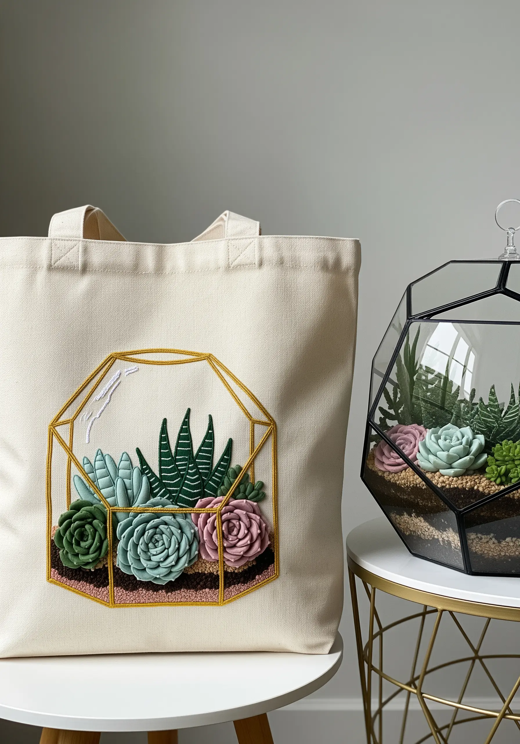A geometric terrarium filled with dimensional, embroidered succulents and cacti.