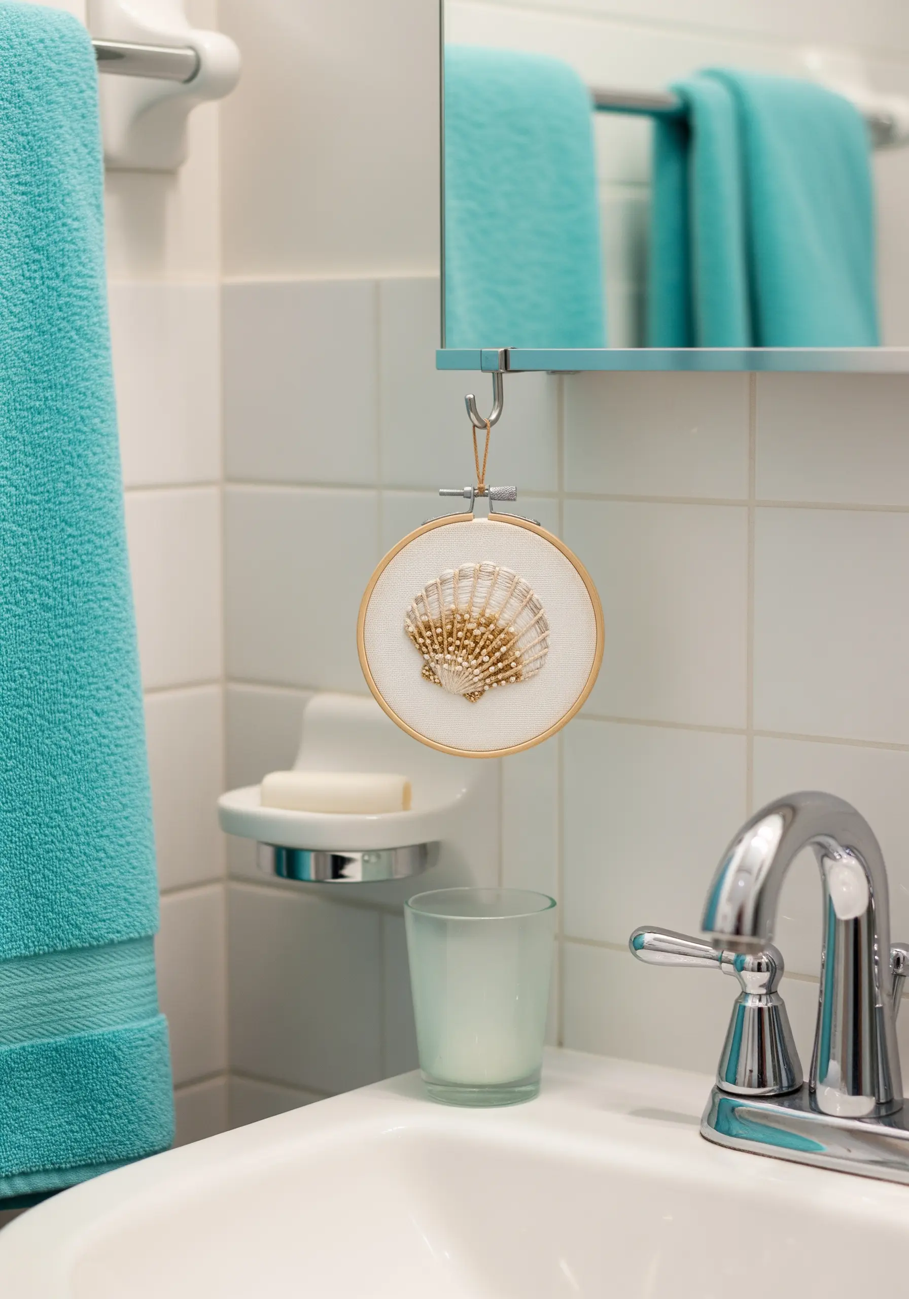 A detailed seashell embroidery in a small hoop, embellished with shimmering gold and white beads.