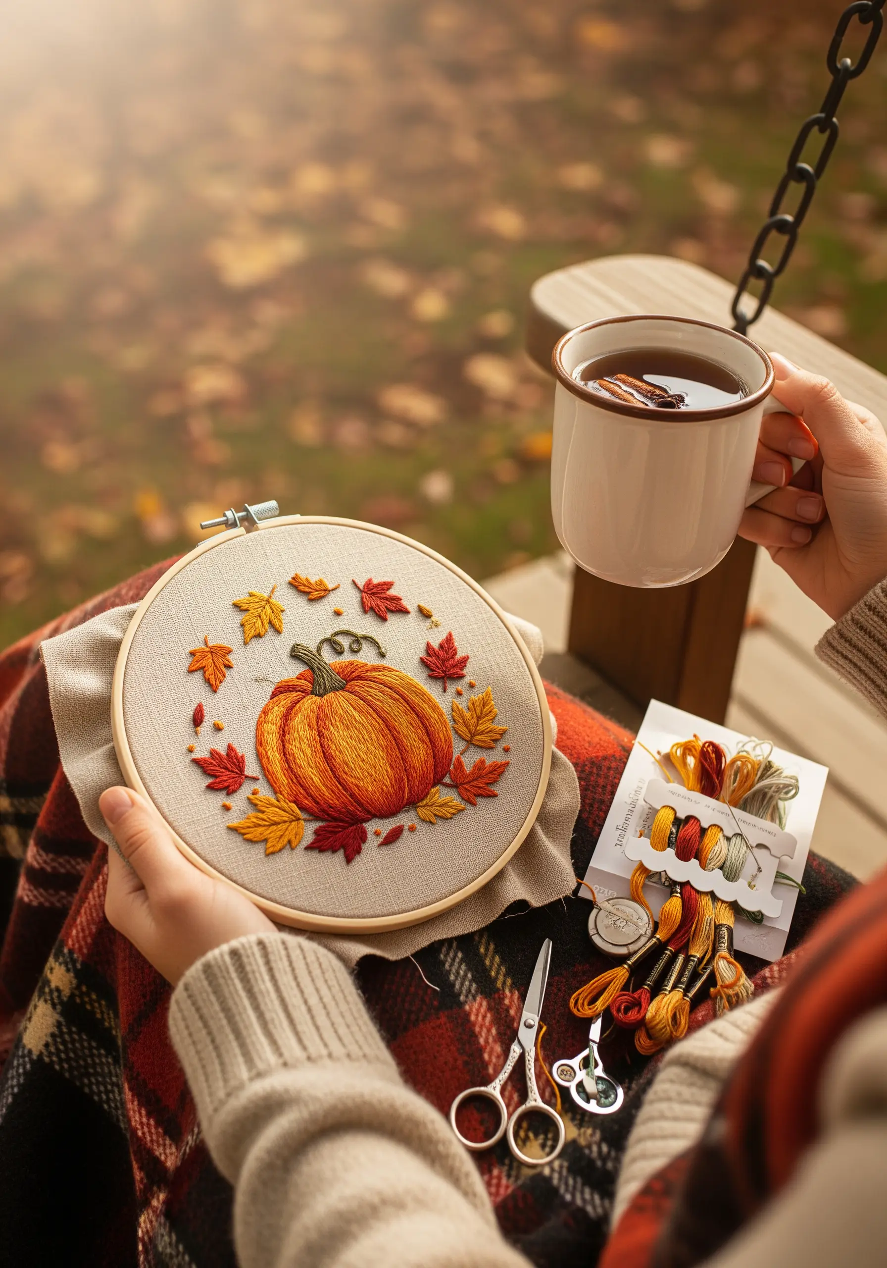 A woman stitching a plump orange pumpkin surrounded by autumn leaves.