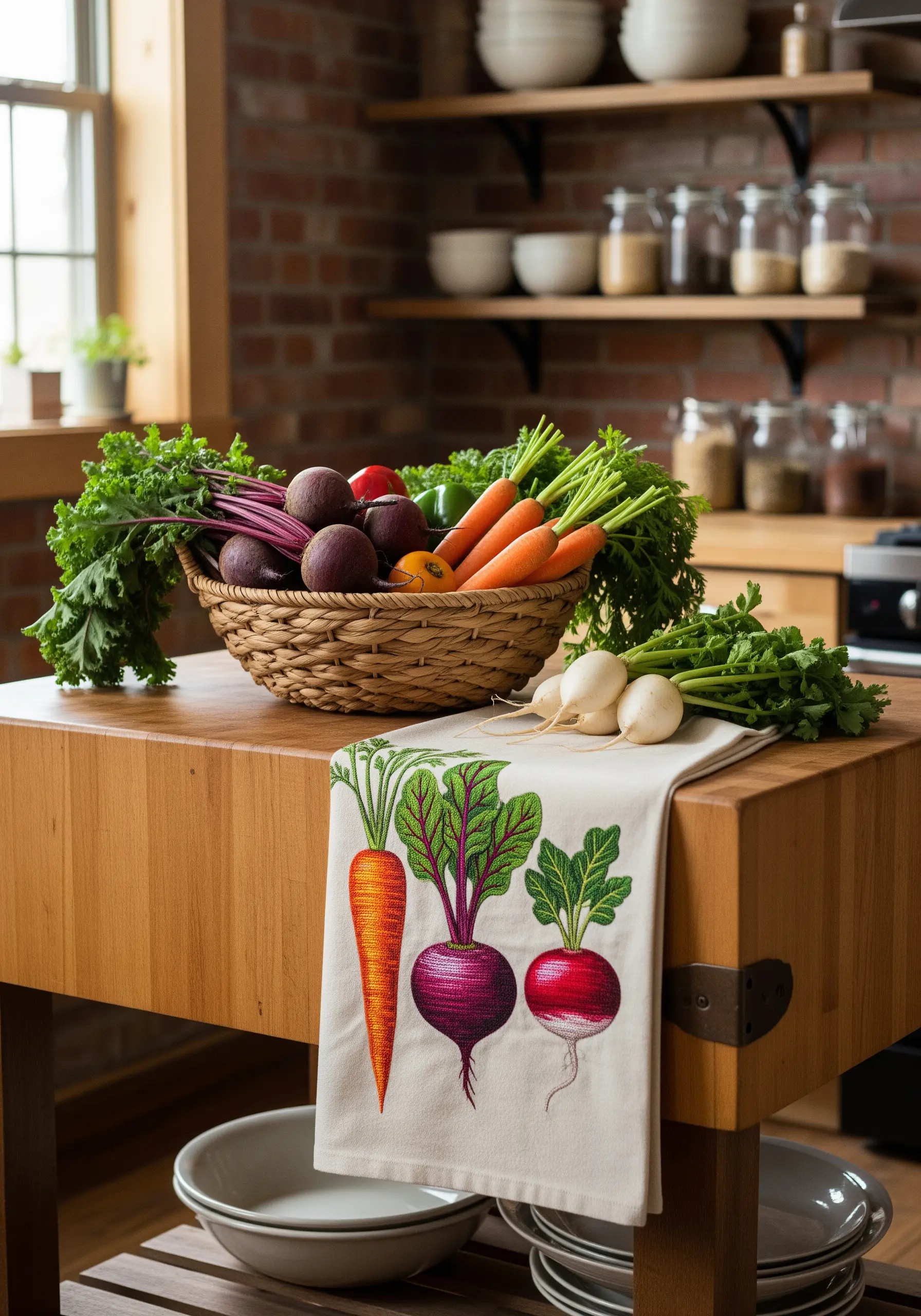 Realistically embroidered carrot, beet, and radish on a natural linen kitchen towel.