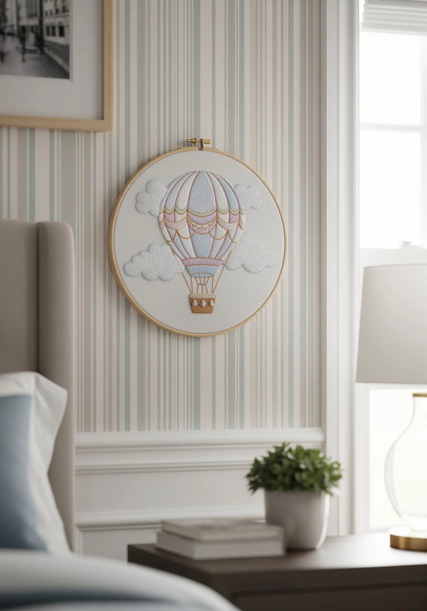 A hot air balloon with puffy, three-dimensional clouds made with padded satin stitch.