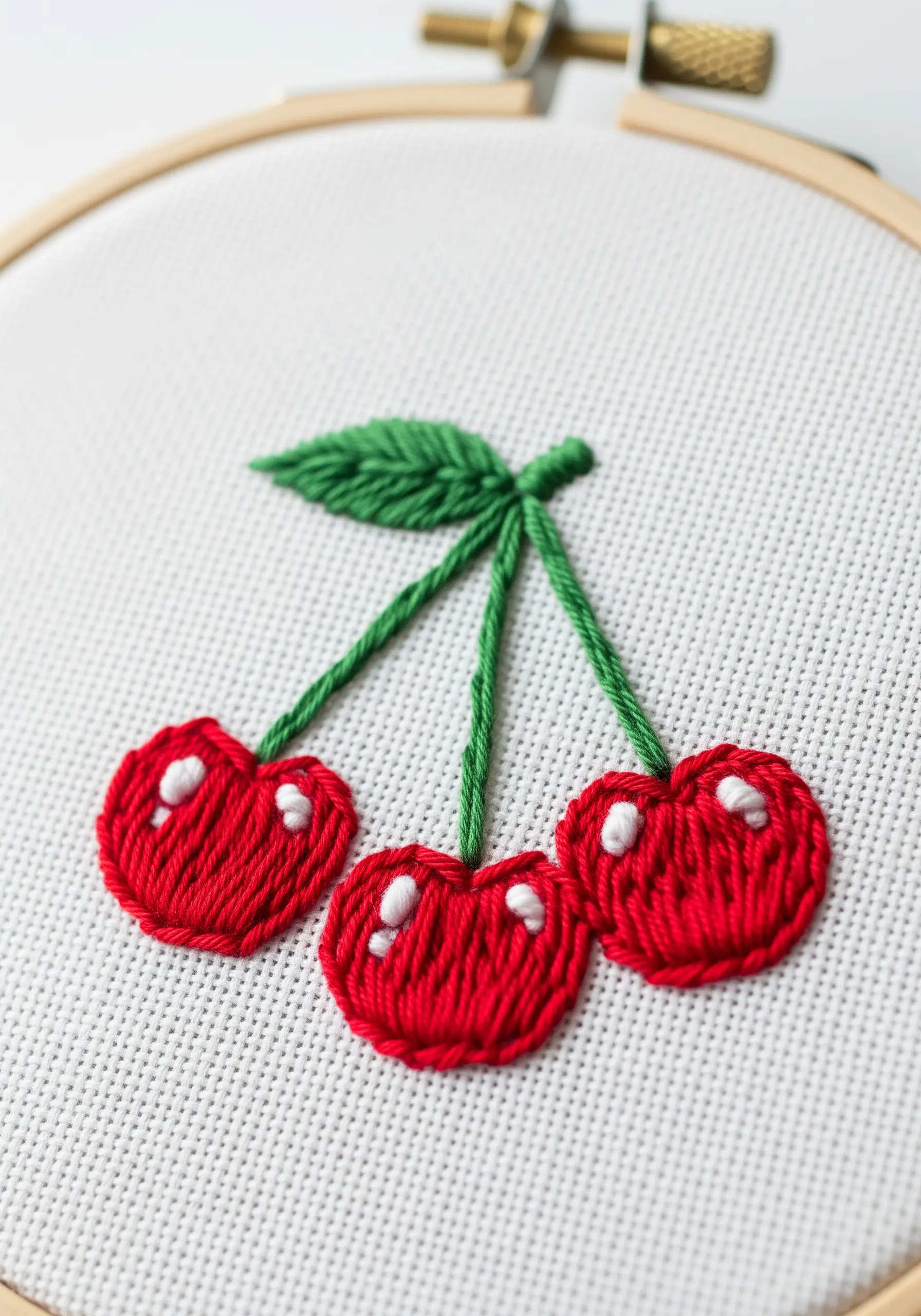 Close-up of three plump, satin-stitched cherries with green leaves and stems.
