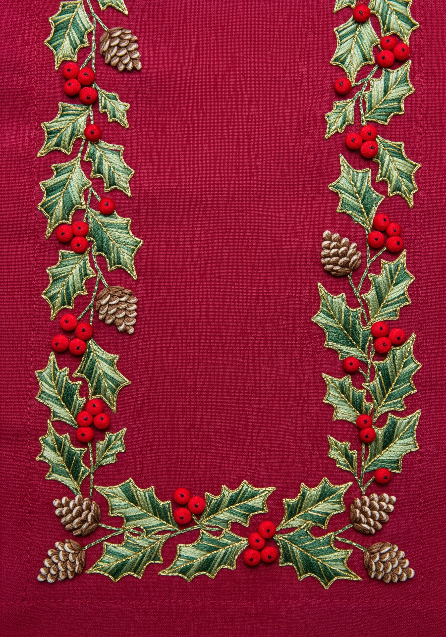 A detailed holly and pinecone border on a deep red tablecloth.