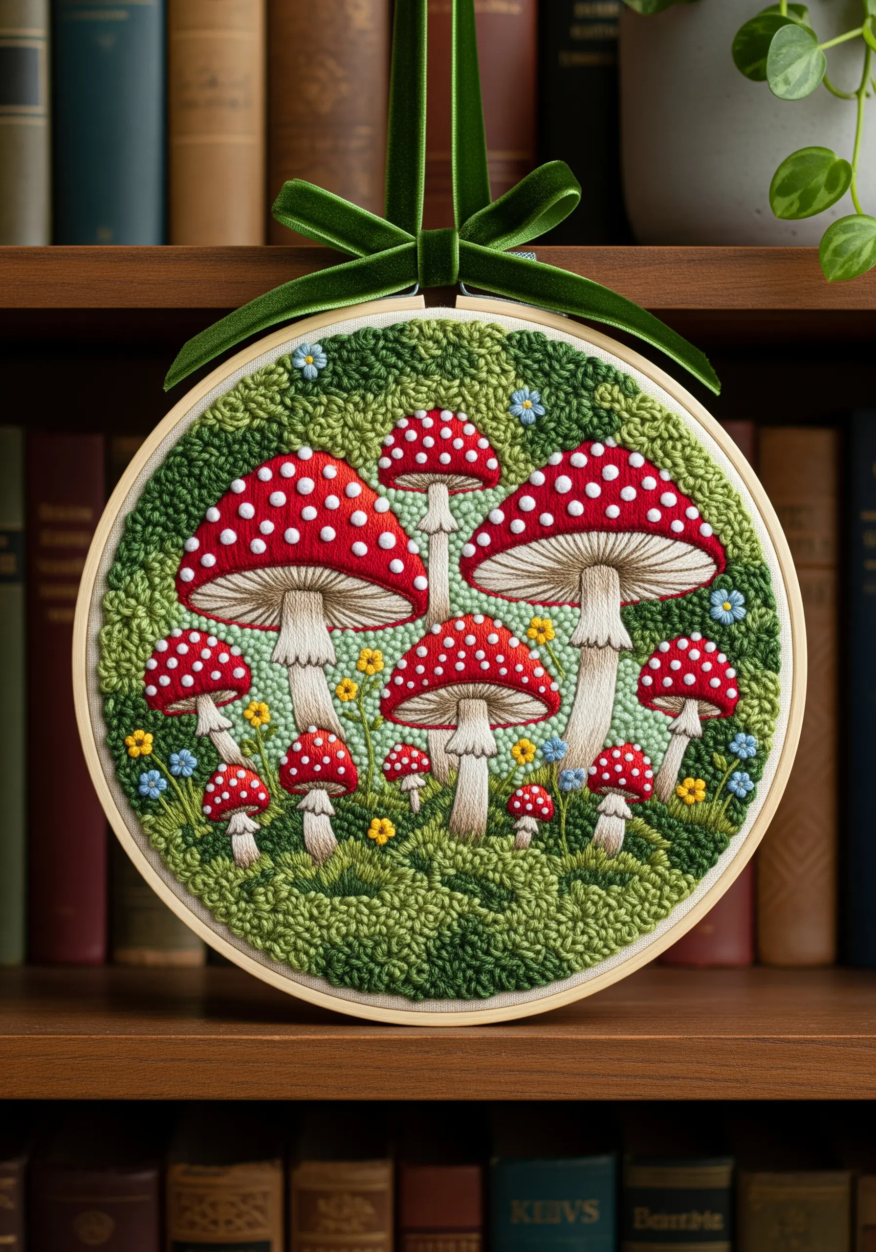 3D stumpwork embroidery of red mushrooms and moss