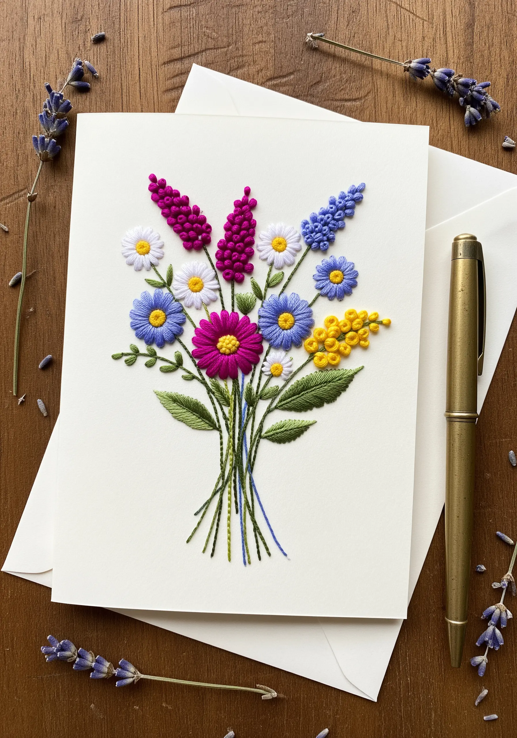 Embroidered floral bouquet on a cream-colored card with varied stitch textures.