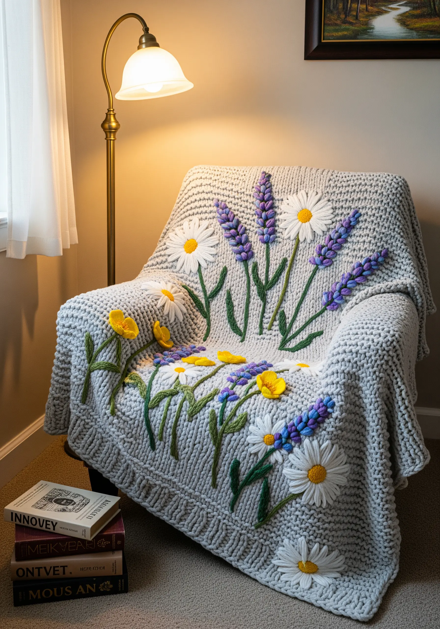 A chunky knit blanket embellished with large, textural embroidered daisies and lavender using yarn.