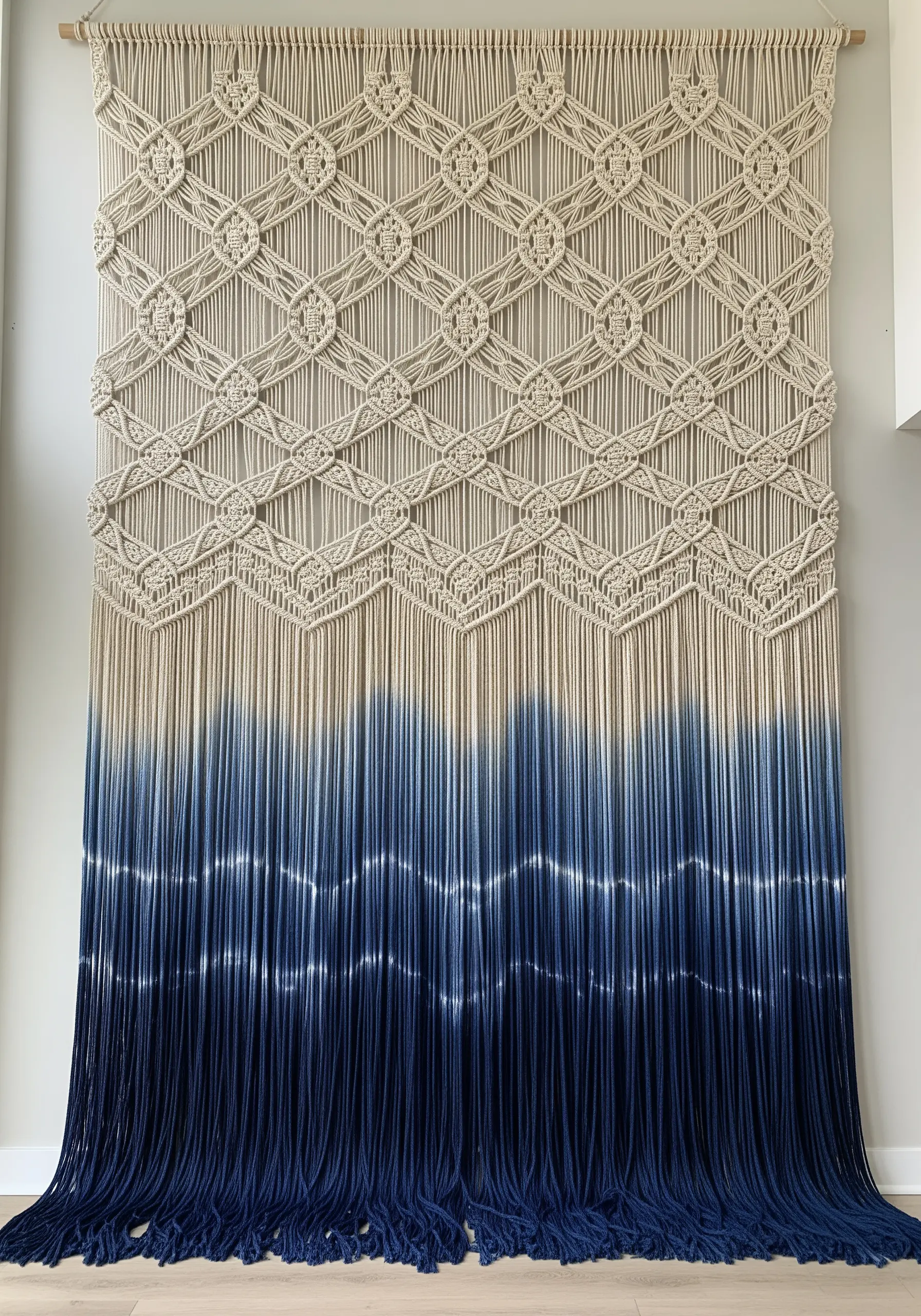 A large macrame wall hanging with an intricate knotted top and a dip-dyed indigo gradient fringe.