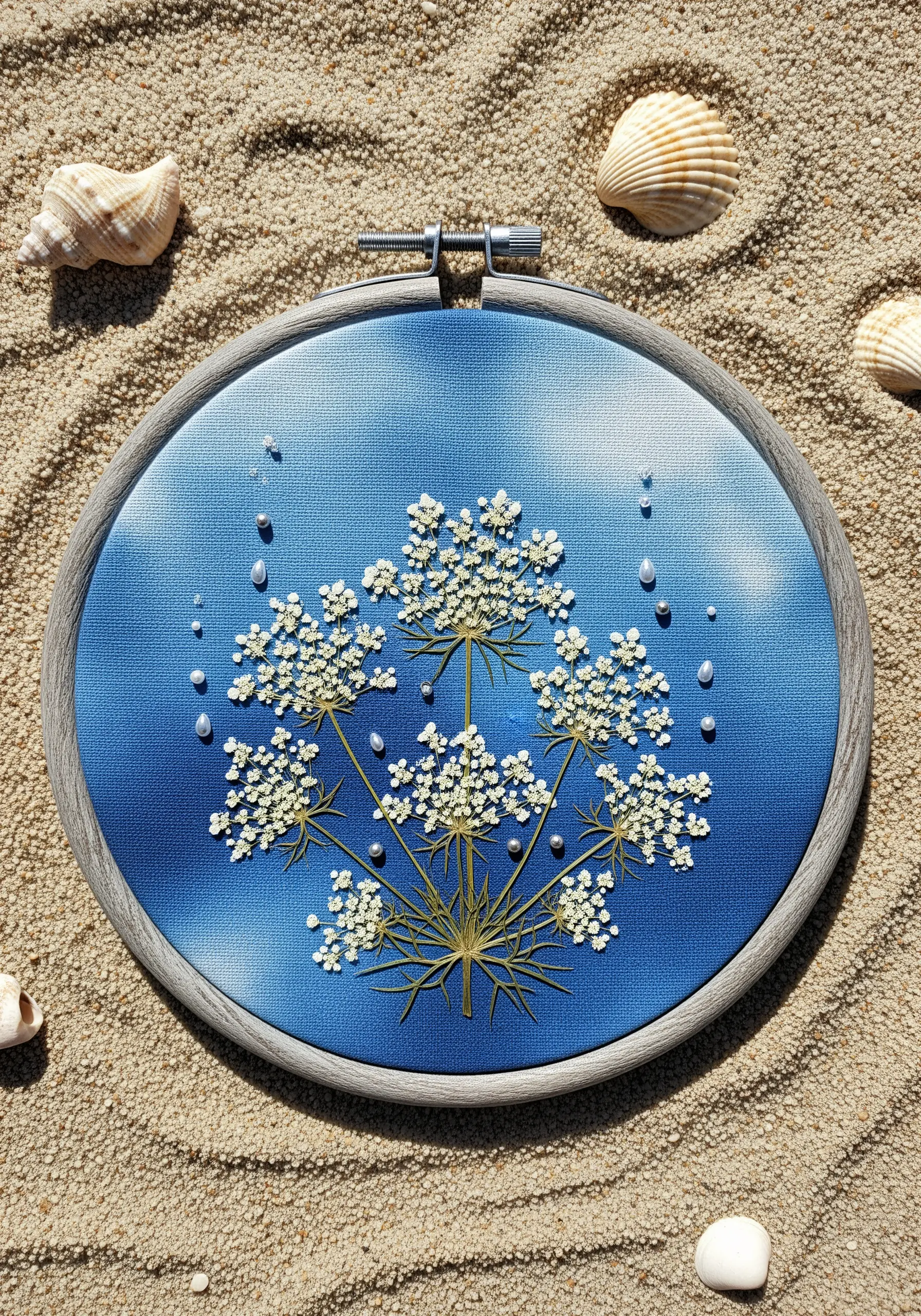 Pressed Queen Anne's Lace on a blue dyed background, embellished with tiny pearl dewdrops.
