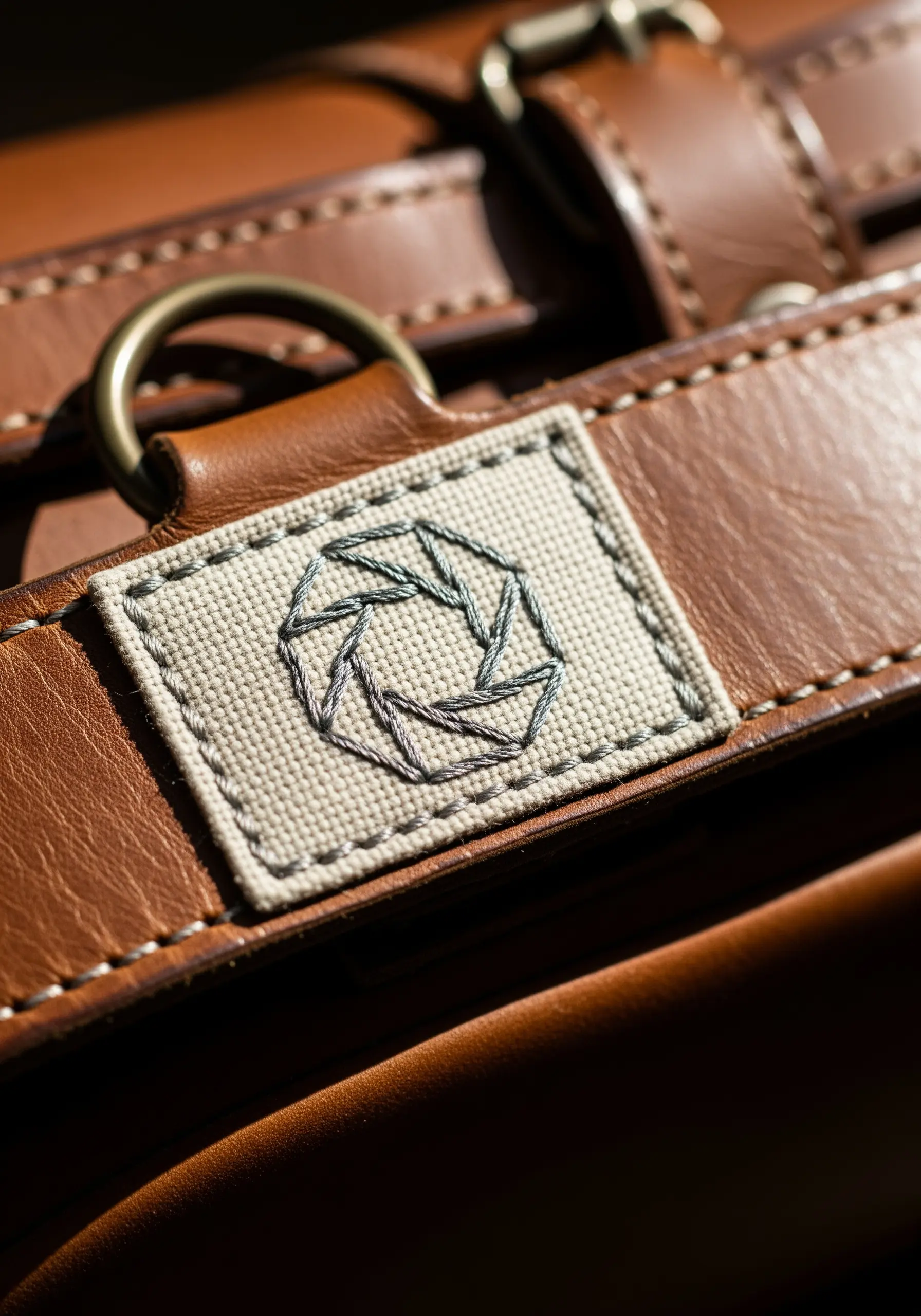 A geometric logo embroidered on a canvas patch and stitched onto a leather bag strap.