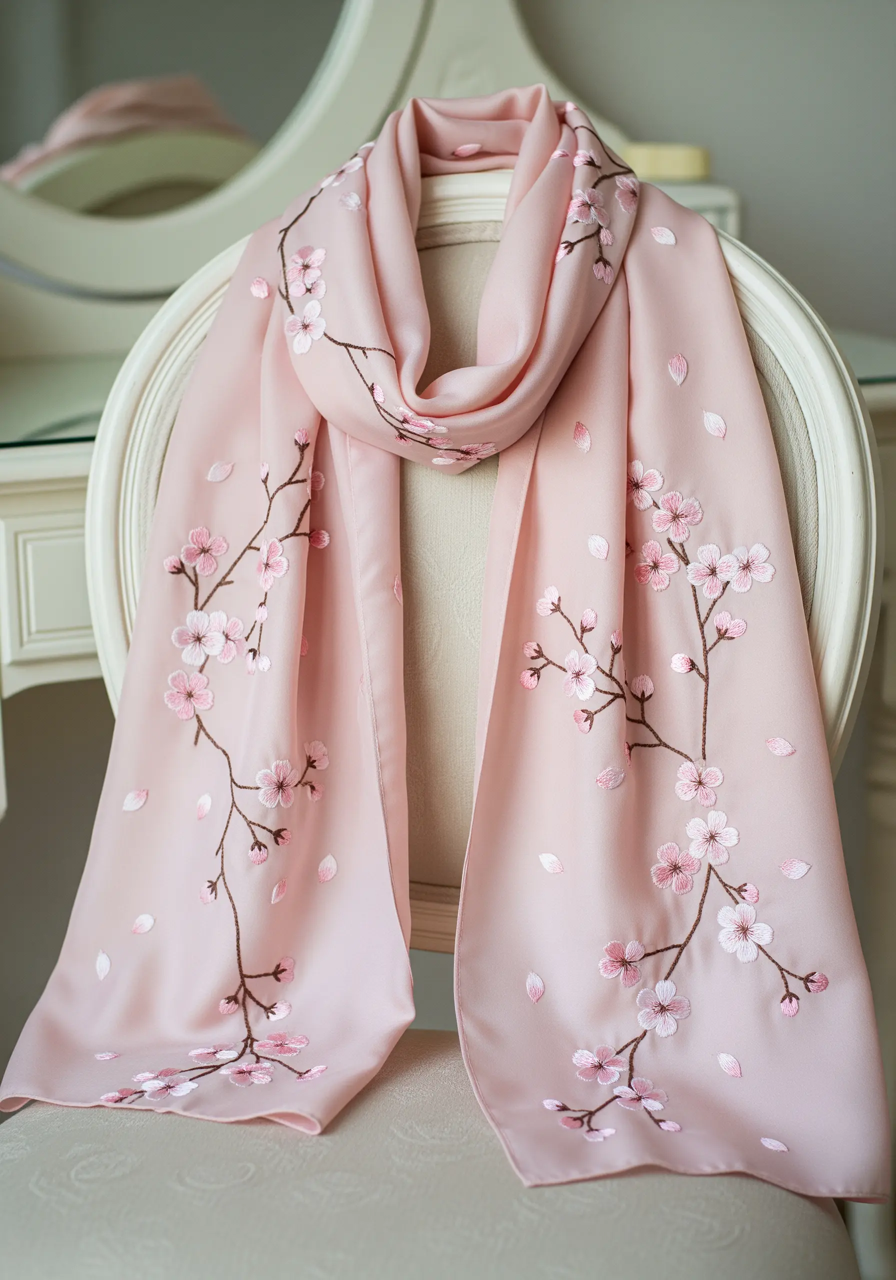 A light pink silk scarf draped over a chair, embroidered with delicate cherry blossom branches.