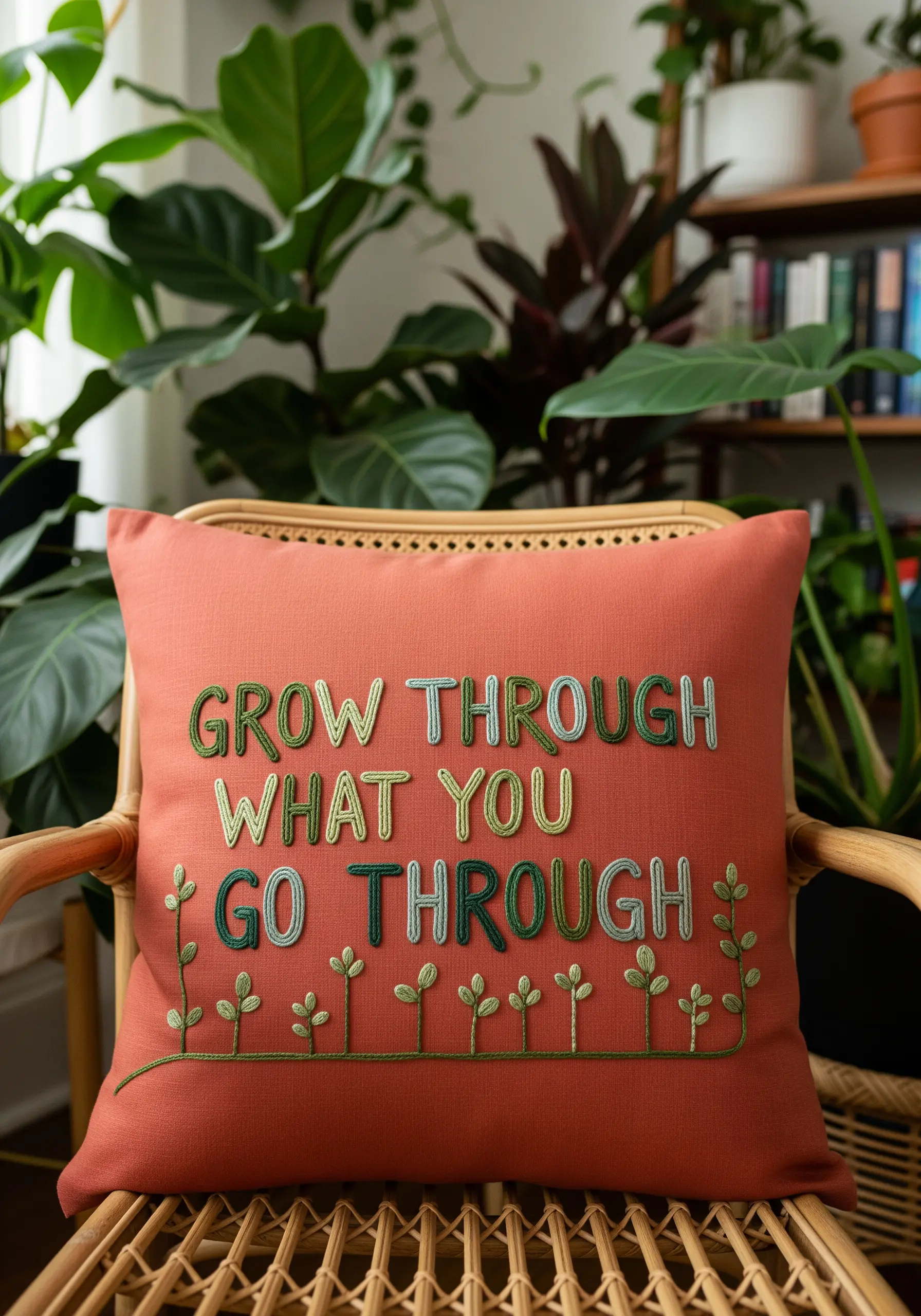 Multi-tonal brick stitch lettering on a terracotta pillow with small embroidered sprouts.