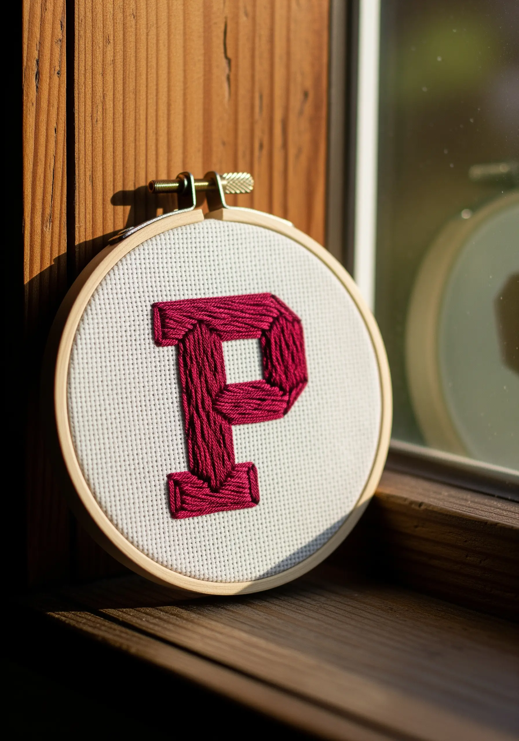 A magenta block letter 'P' filled with a textured woven stitch.