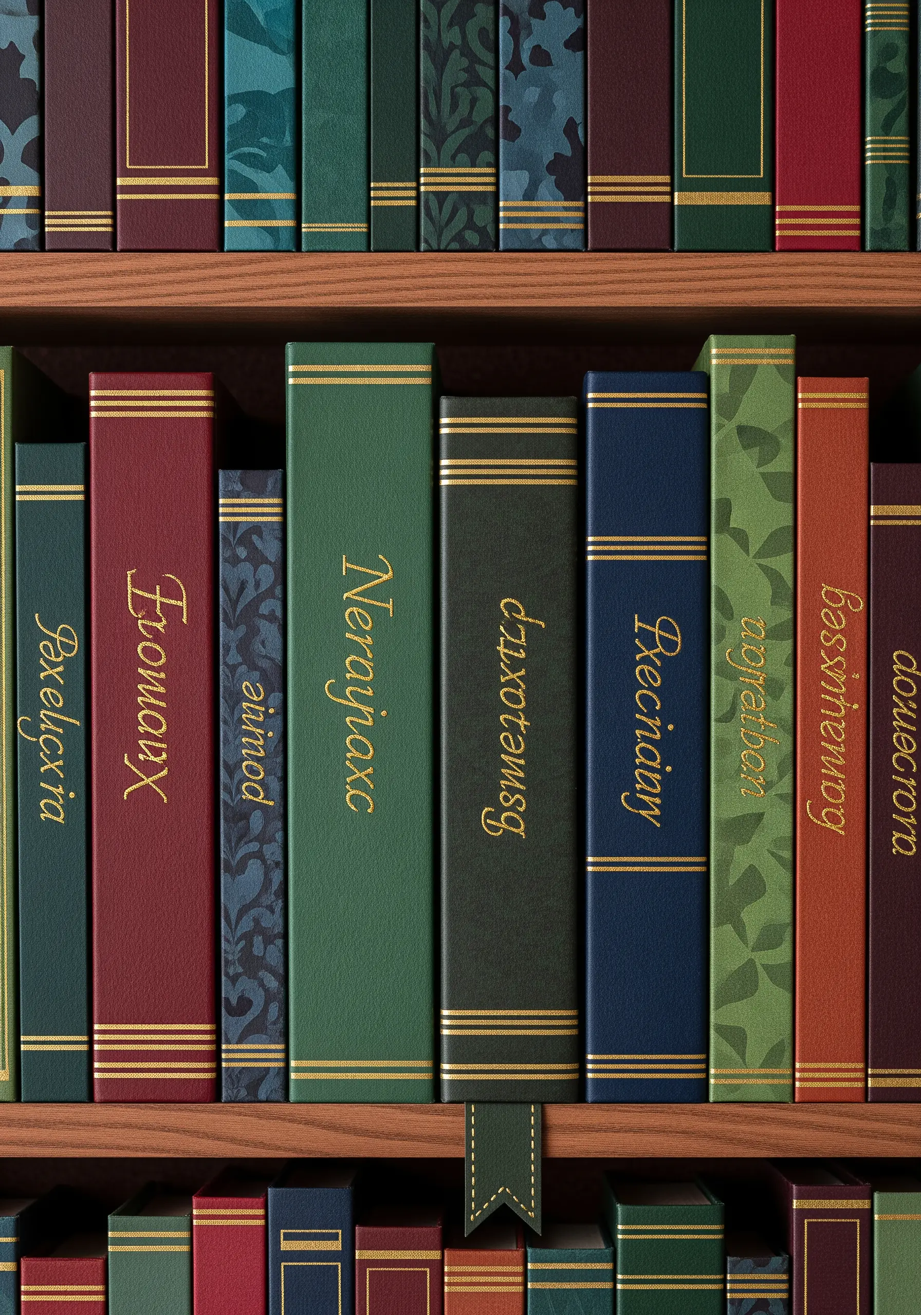 A bookshelf of paper book spines with elegant titles stitched in gold metallic thread.