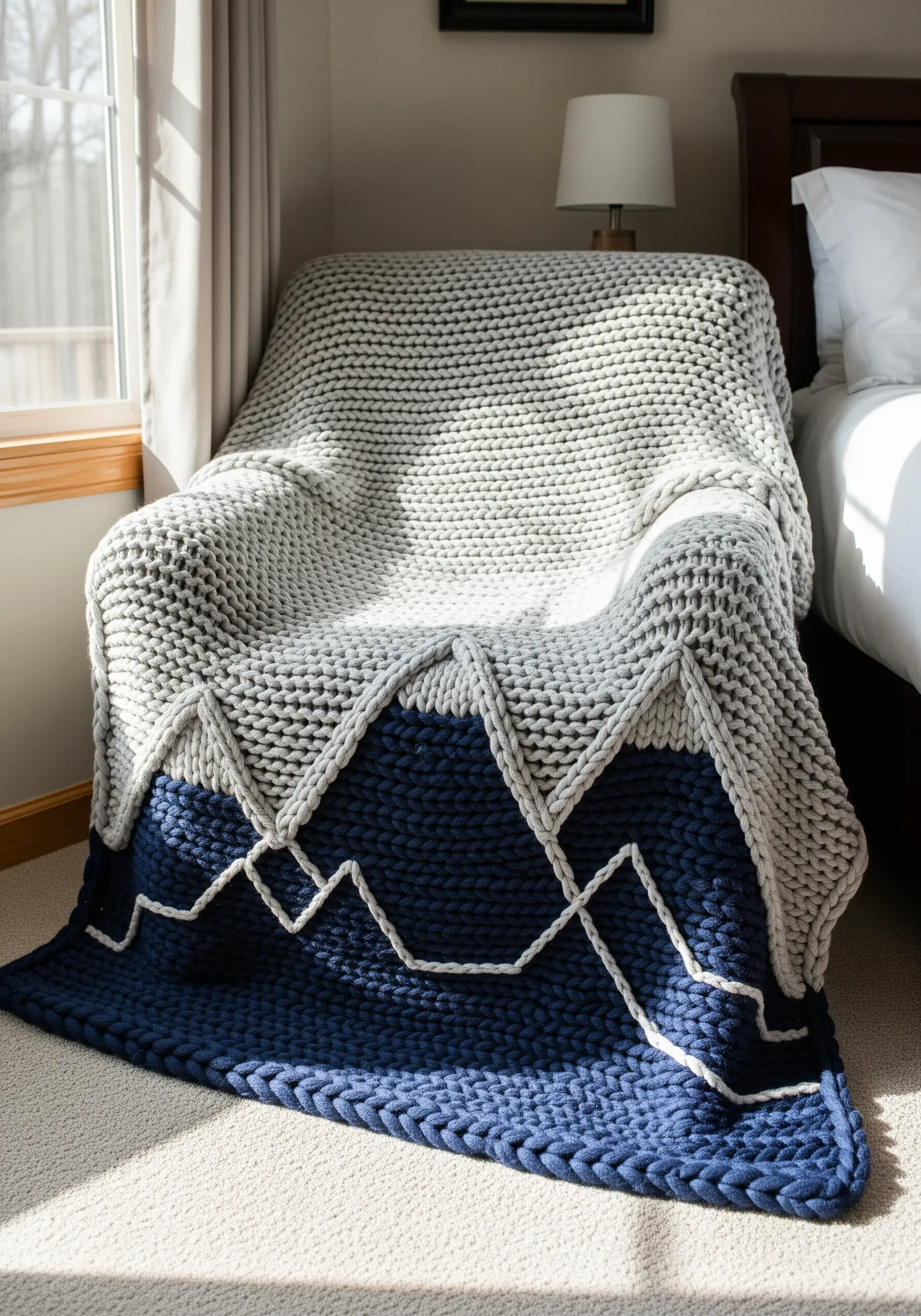 A chunky knit blanket with a navy blue base and an embroidered white mountain range outline.