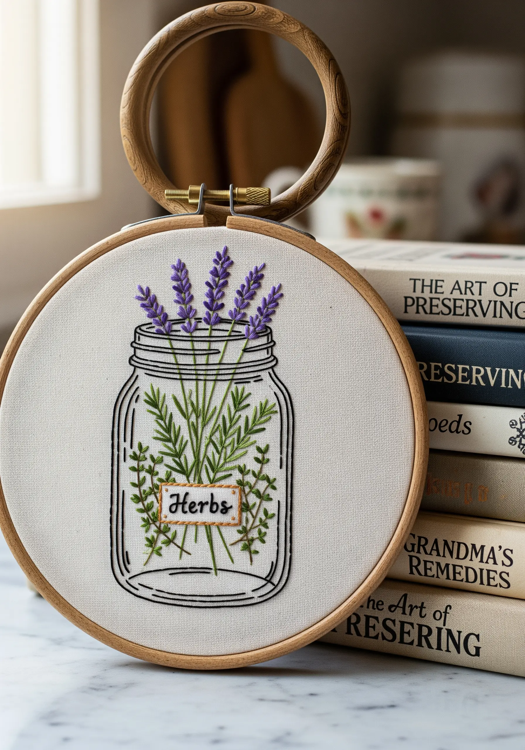Embroidery of herbs in a mason jar with a hand-stitched label reading 'Herbs'