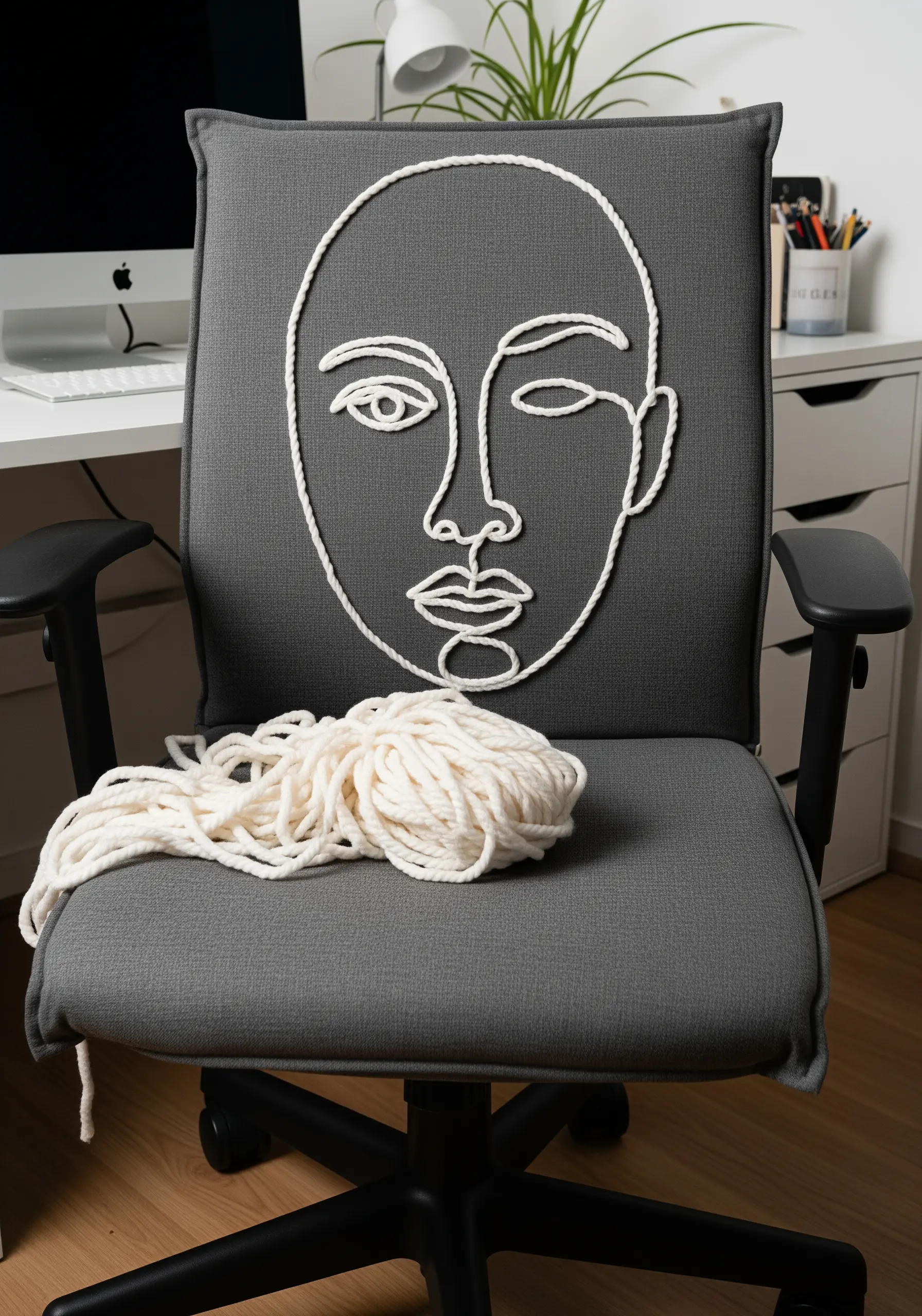 A continuous line art face stitched with thick white cord on a grey office chair.