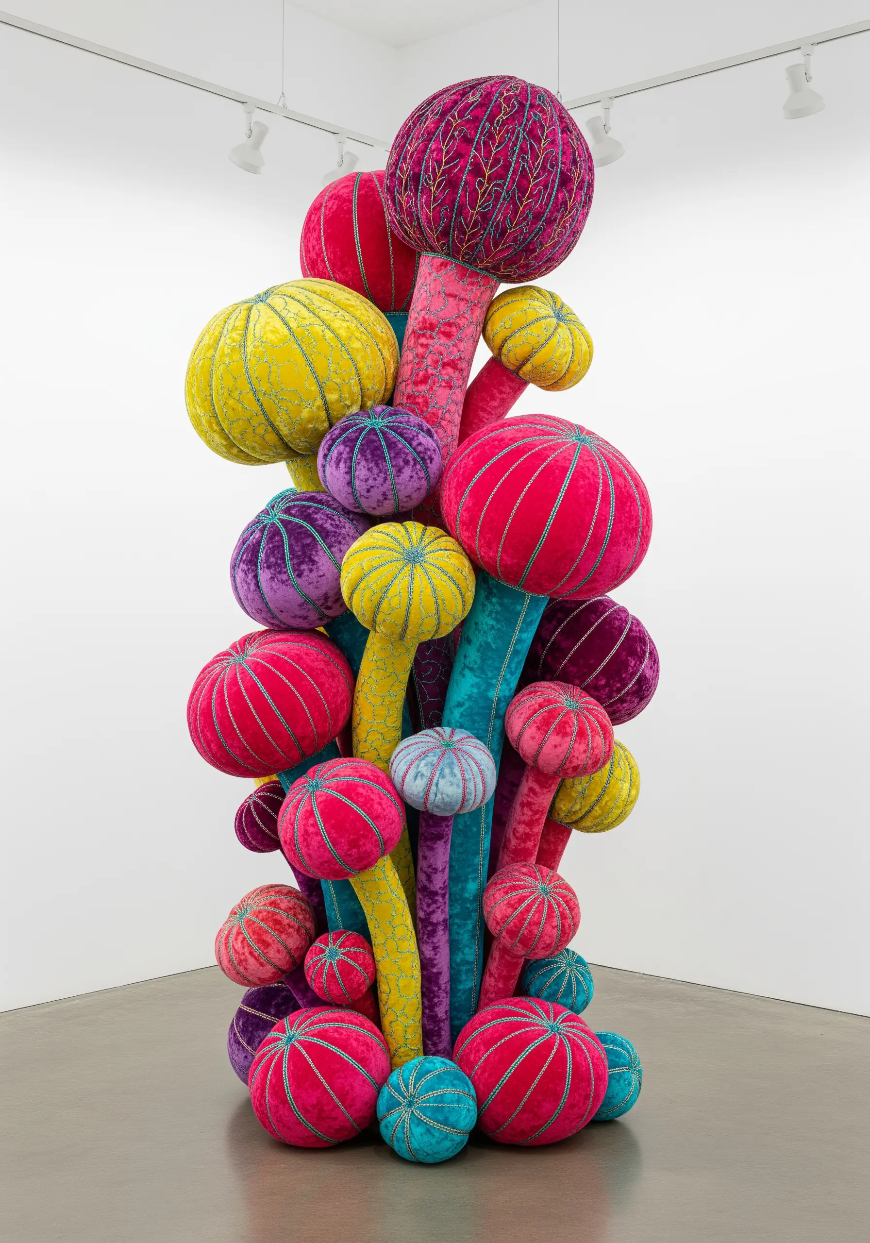 Colorful, plush mushrooms made from padded embroidery on vibrant velvet fabrics.