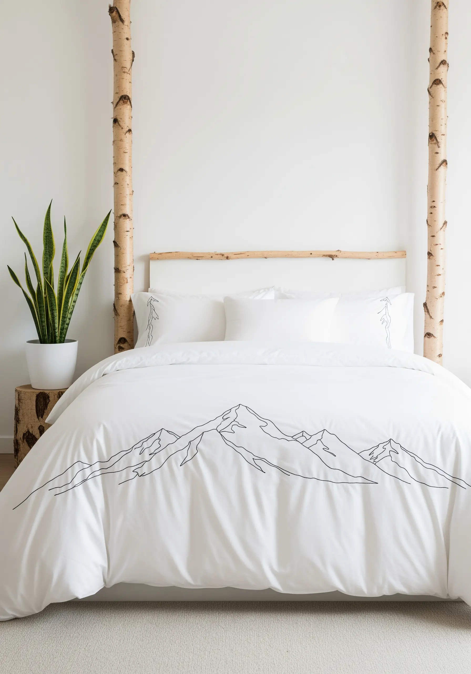 White duvet cover and pillows with a minimalist black line-art embroidery of a mountain range.