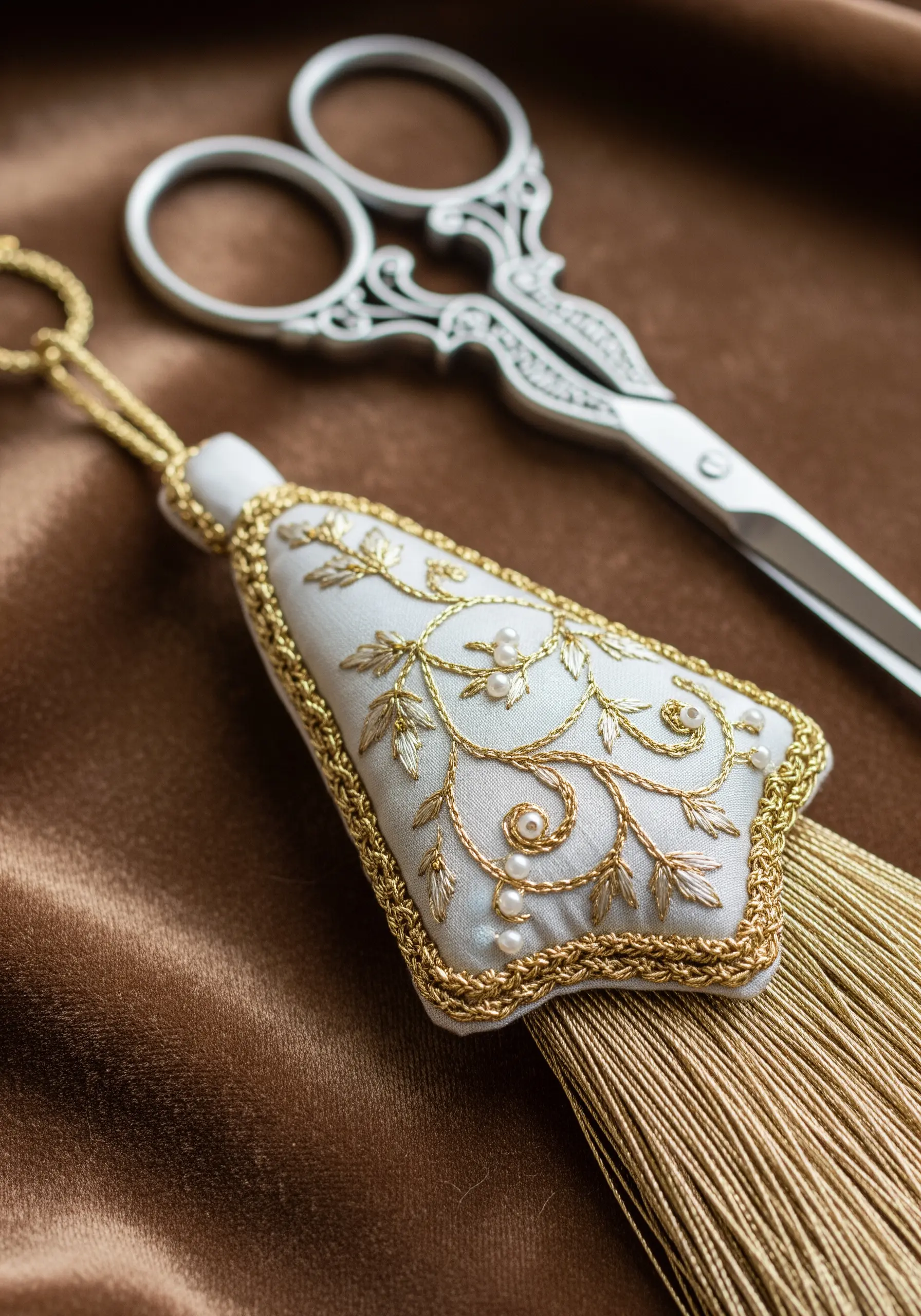 An elegant white and gold embroidered scissor tassel with pearl embellishments and goldwork details.