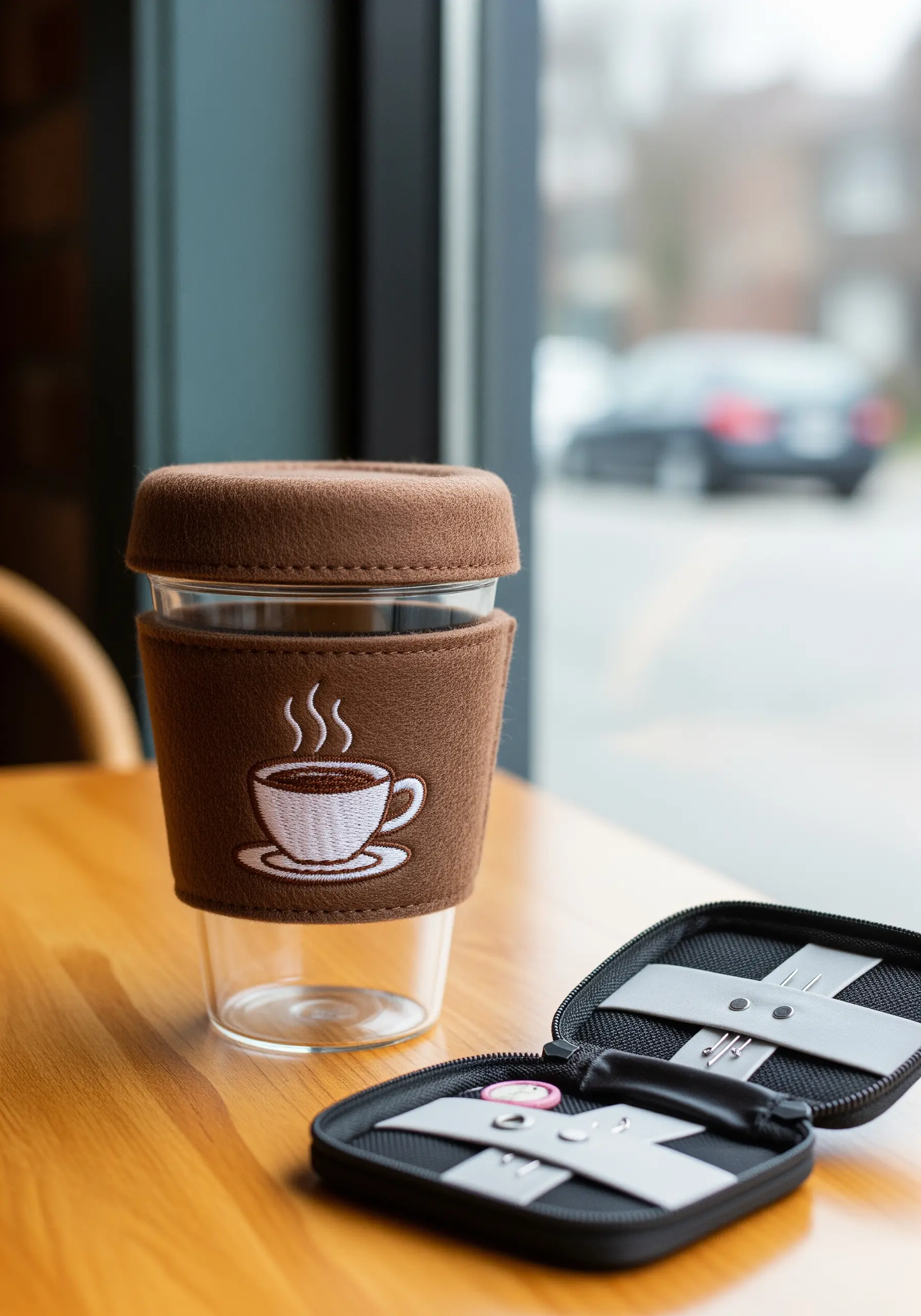 A brown felt coffee cup sleeve with an embroidered white coffee cup motif.
