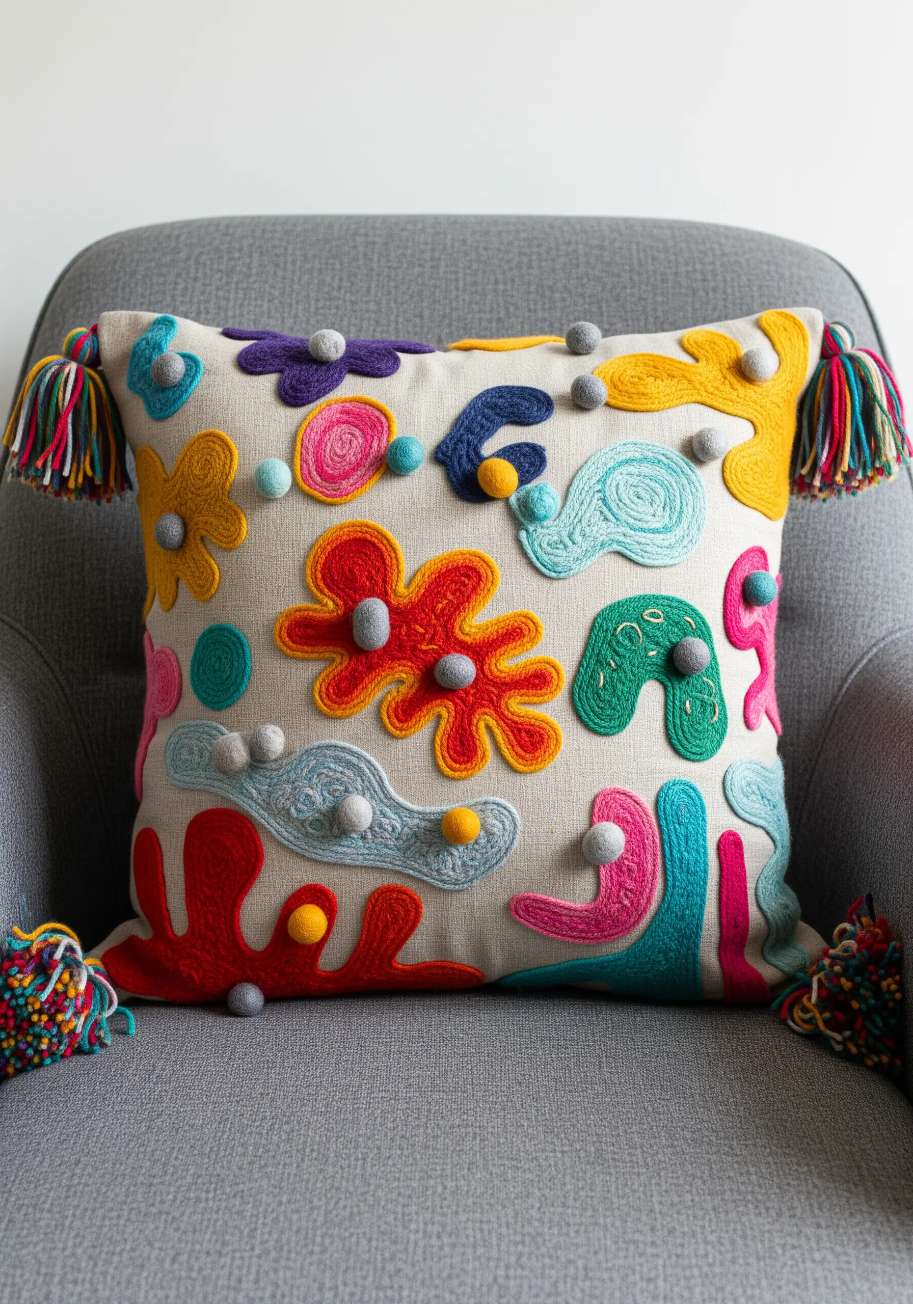 A decorative pillow with colorful, abstract embroidered shapes and gray pom-poms.