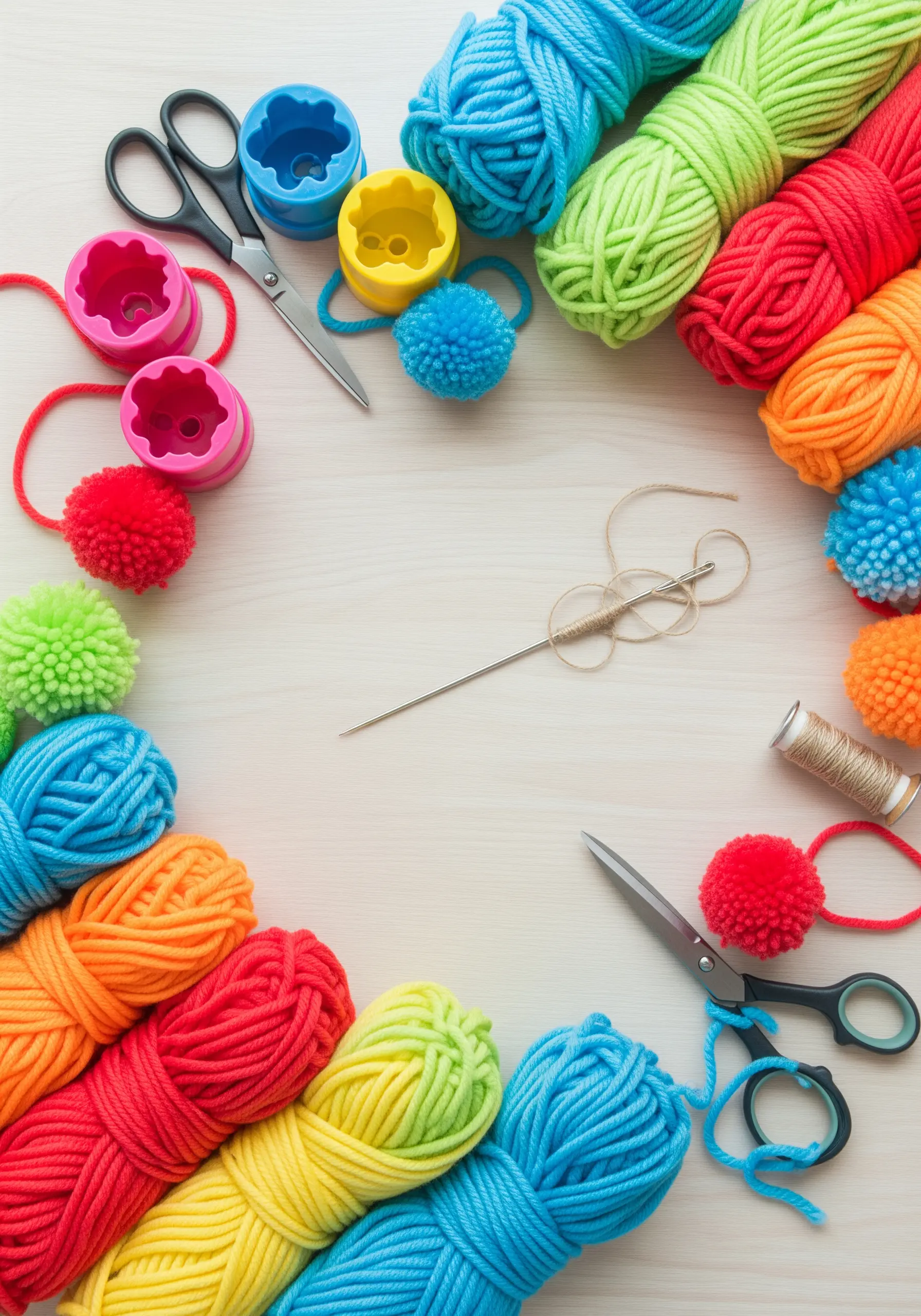 A collection of brightly colored yarns and pom-pom makers on a wooden surface.