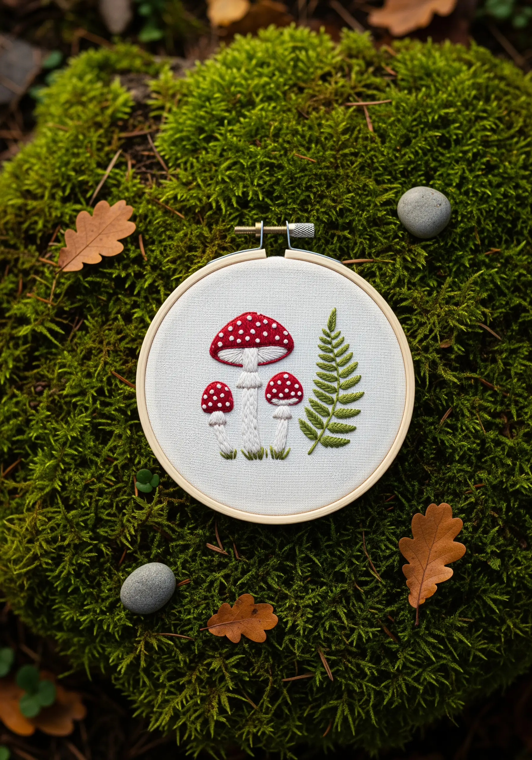 Three red and white embroidered toadstools and a fern leaf in a hoop.