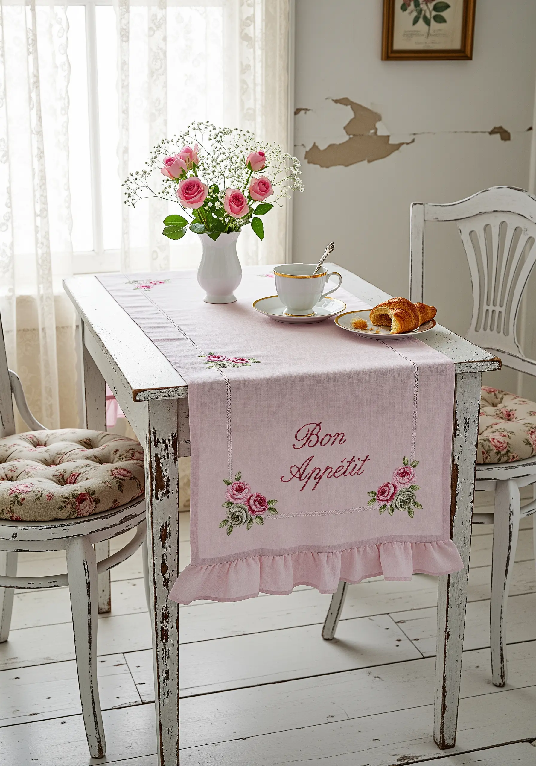 A romantic pink table runner with embroidered roses and the words 'Bon Appétit'