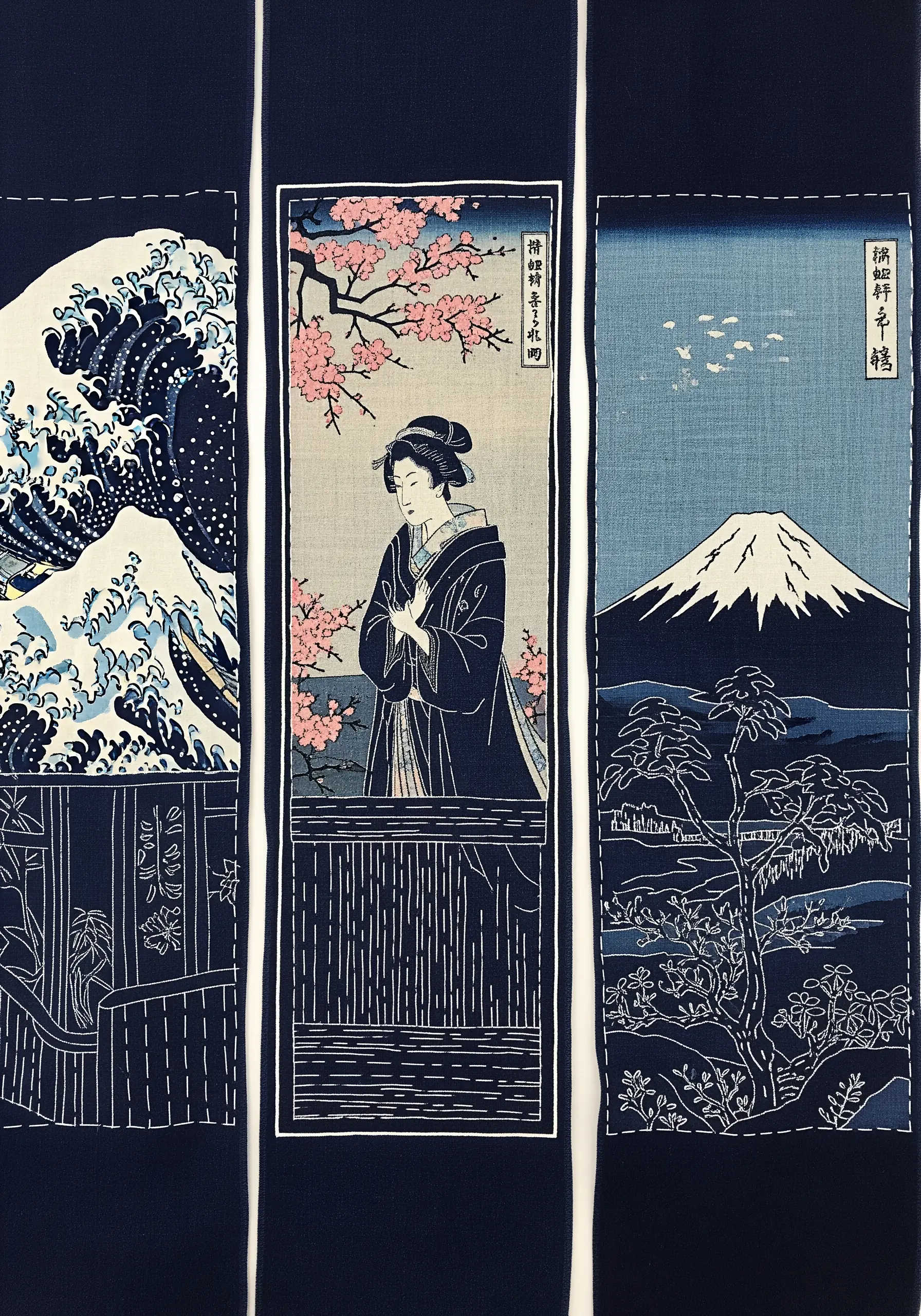 A triptych of Japanese art printed on fabric, with visible white Sashiko running stitches as borders.