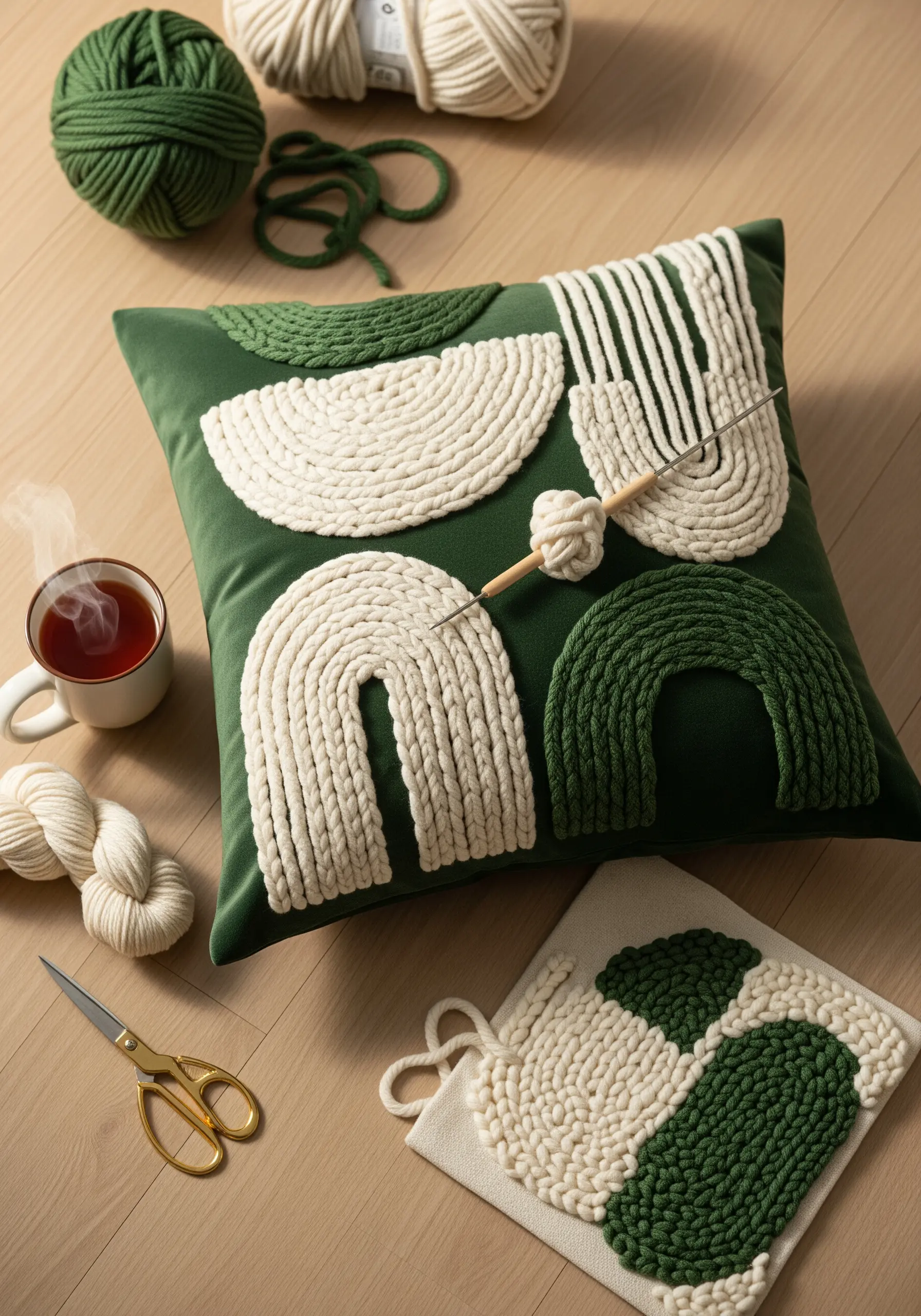 Abstract shapes made from thick white yarn couched onto a green velvet pillow.
