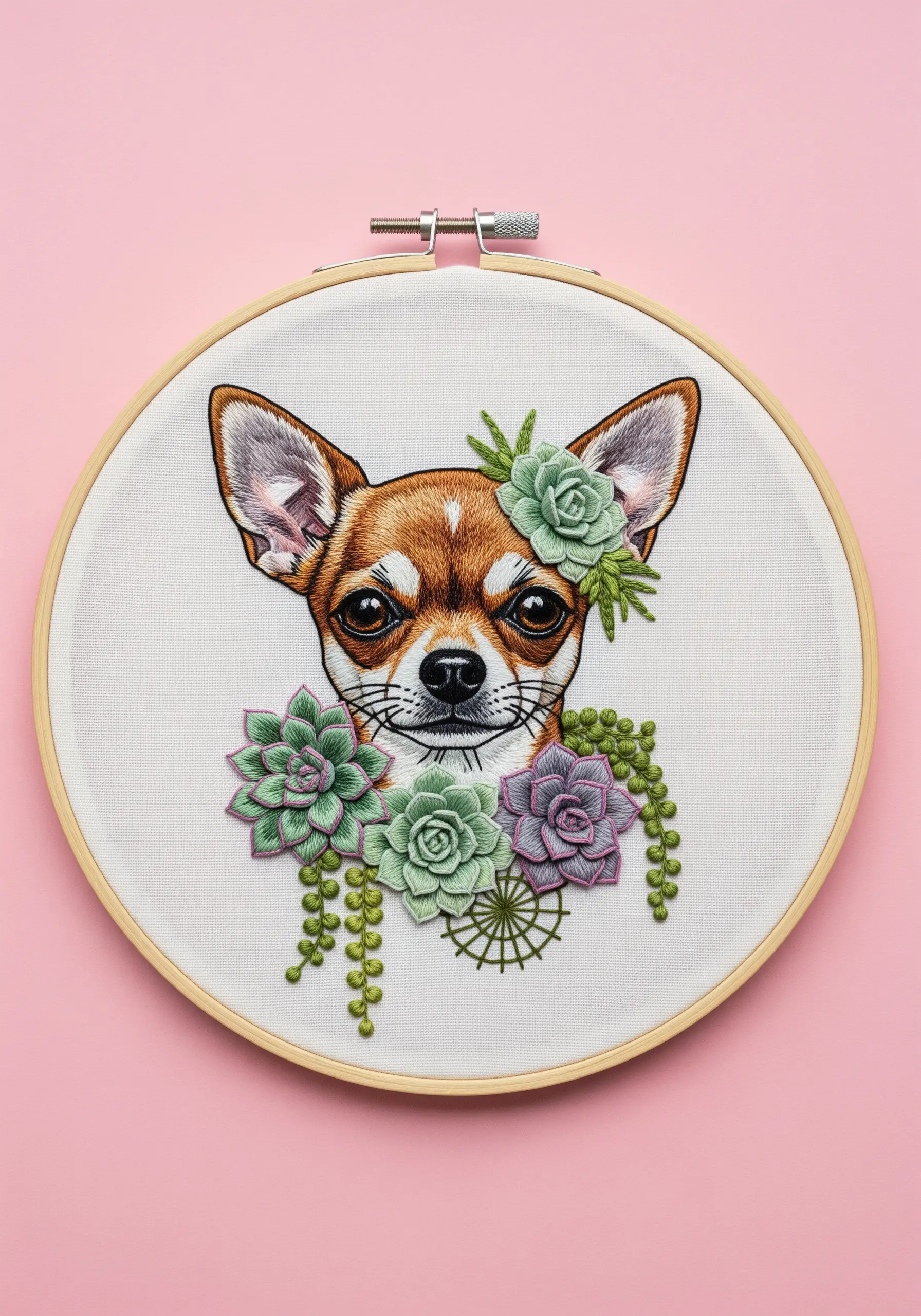 Embroidered chihuahua portrait adorned with a collar of 3D embroidered succulents.