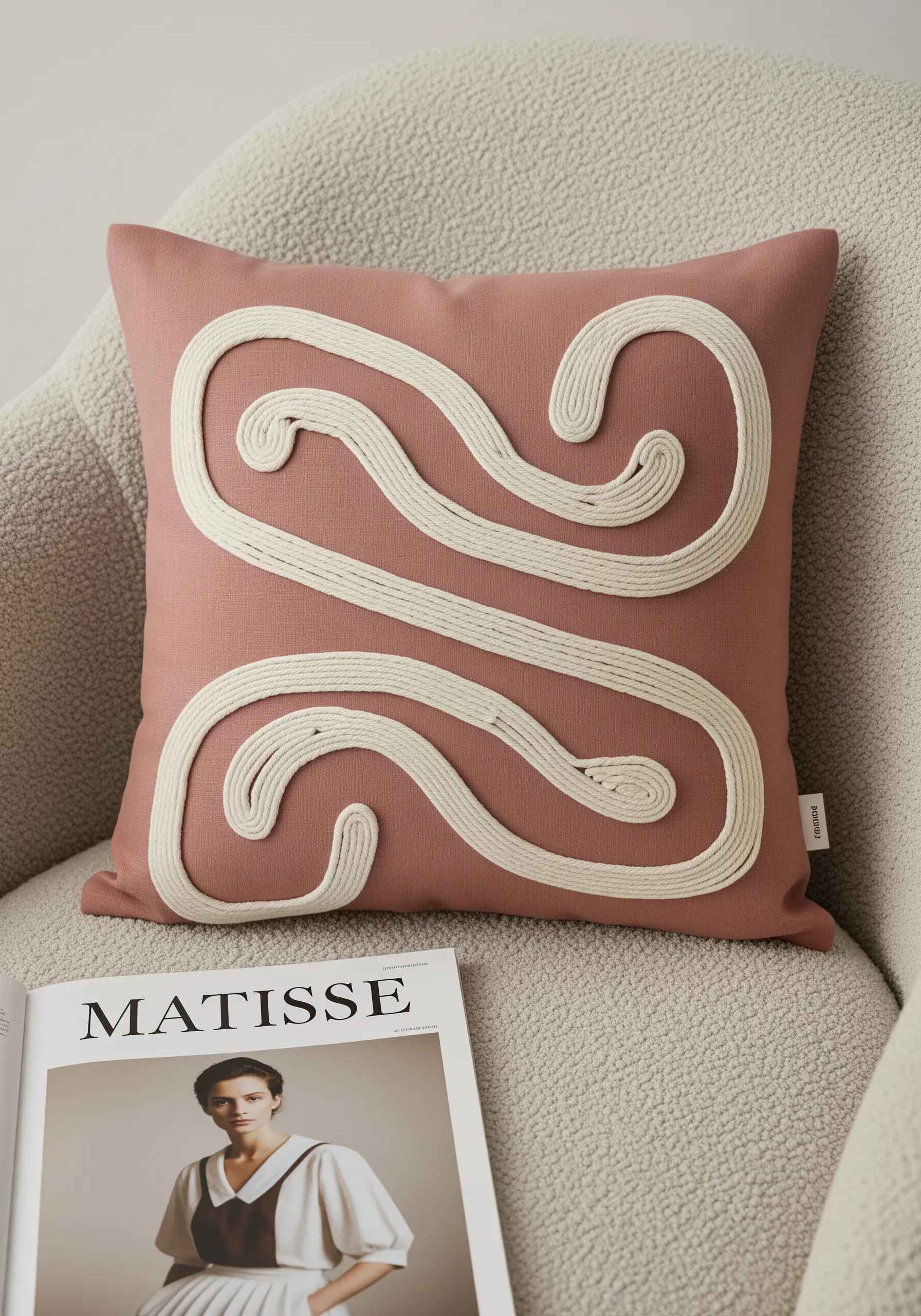 Thick white cord is couched into an abstract S-shape on a dusty rose pillow.