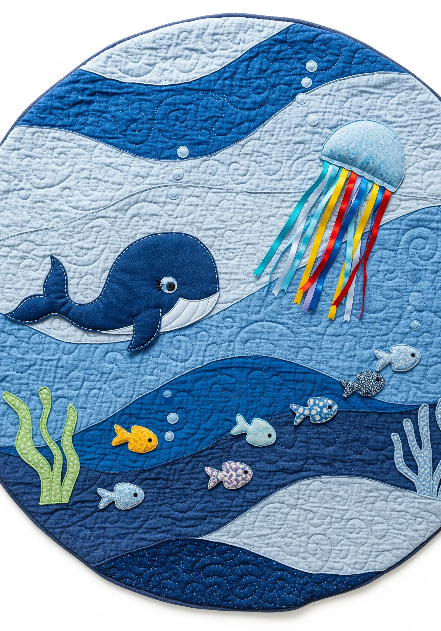 A round, quilted play mat with an ocean theme, featuring a jellyfish with ribbon tentacles.