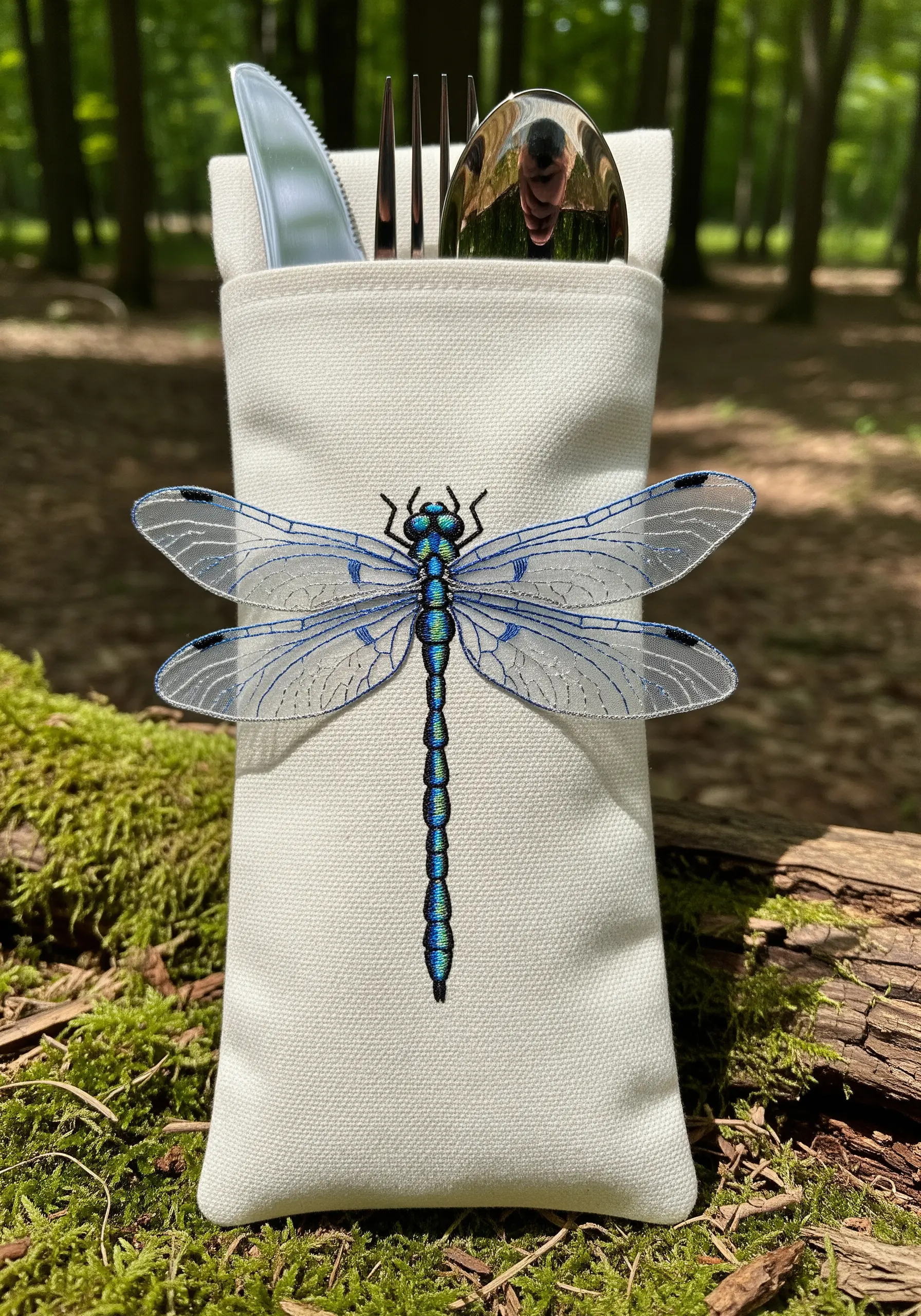 A realistic embroidered dragonfly with sheer, 3D wings on a canvas utensil pouch.