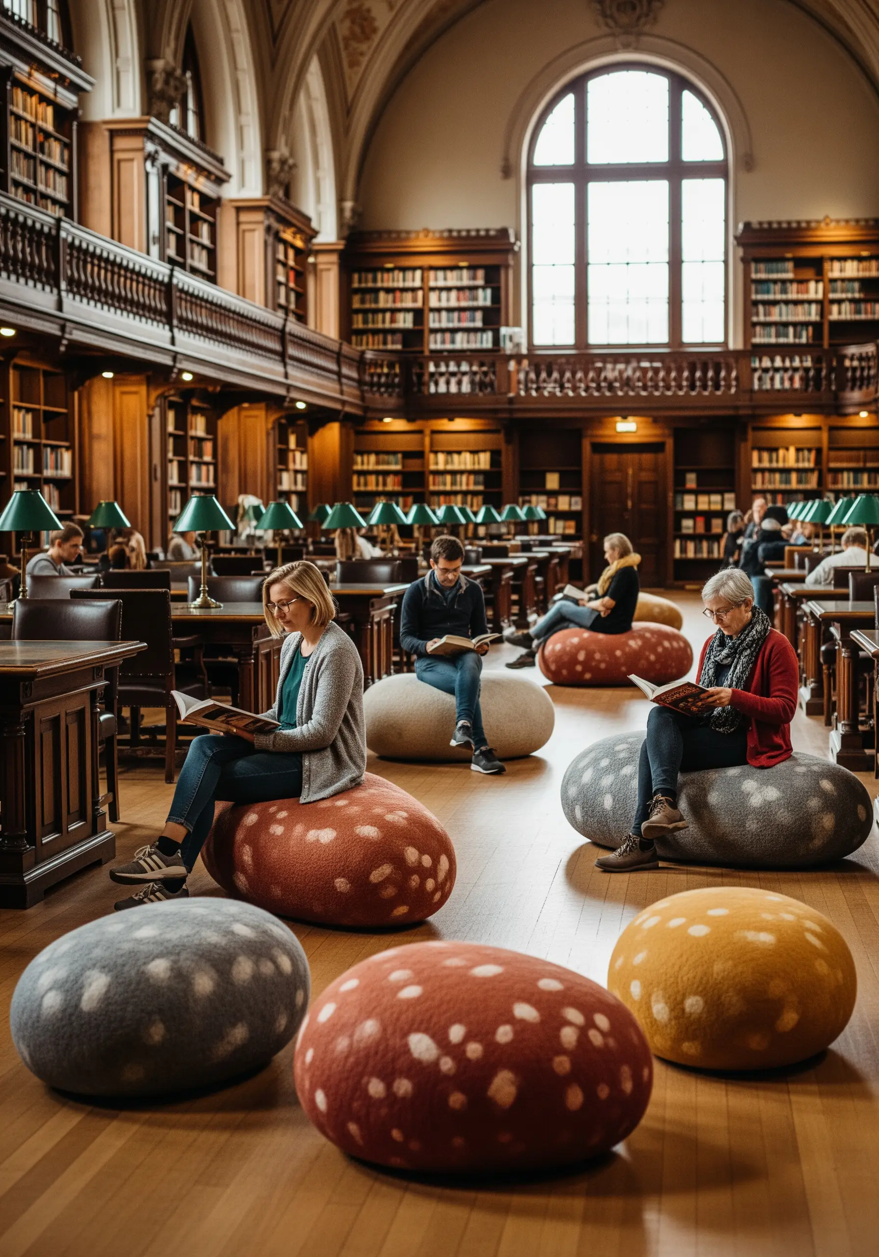 Large, pebble-shaped floor cushions made of felted wool in earthy tones with spots.