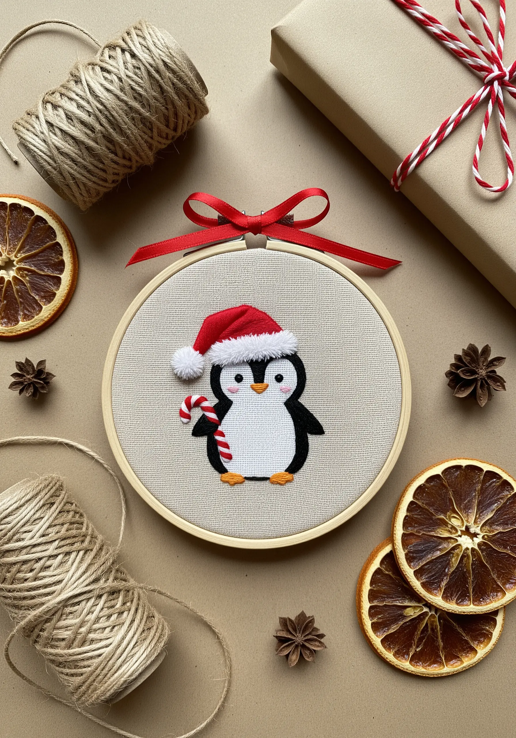 A simple embroidered penguin wearing a Santa hat and holding a candy cane in a hoop.