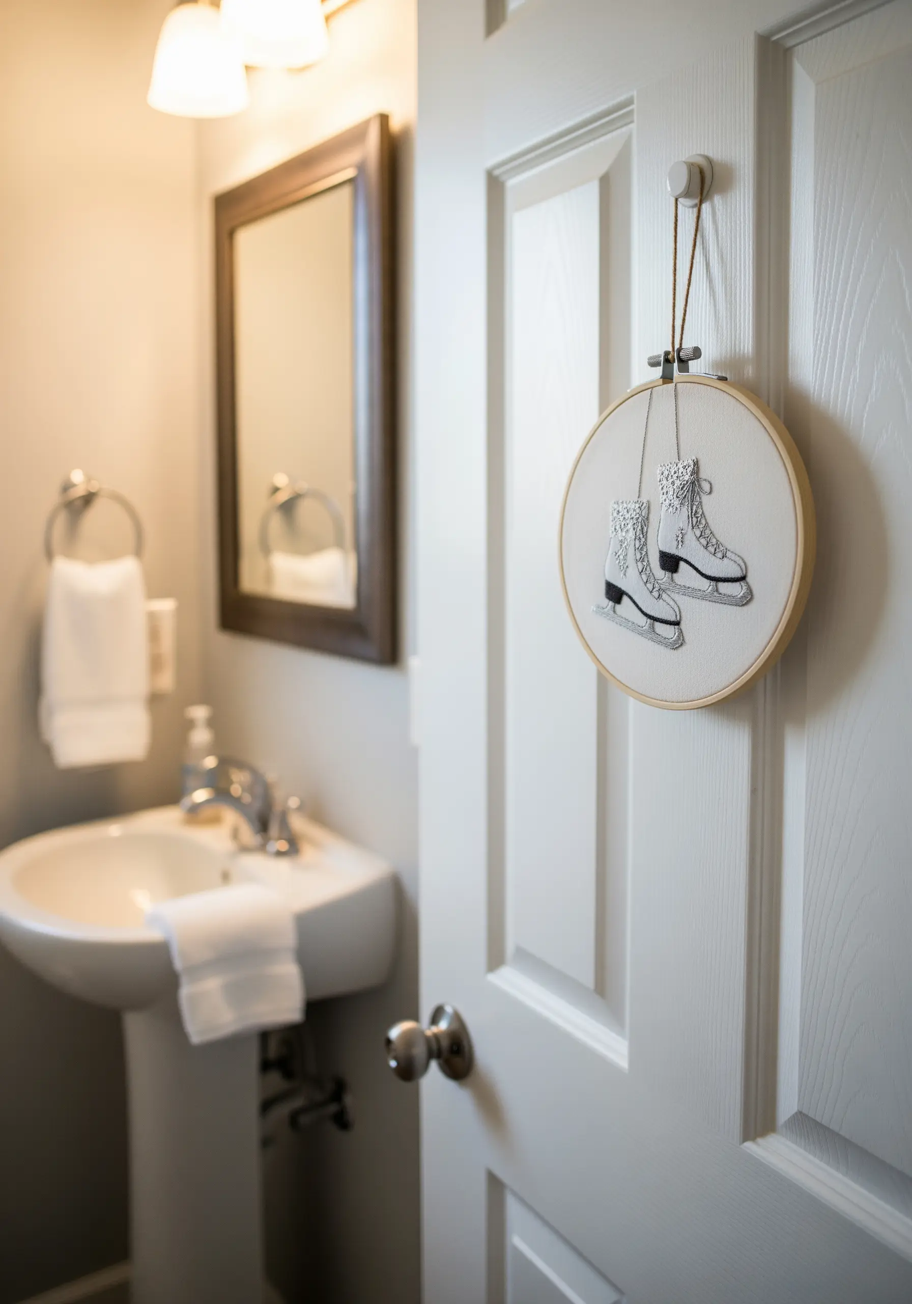A pair of white ice skates embroidered with shimmering silver details, hanging on a door.