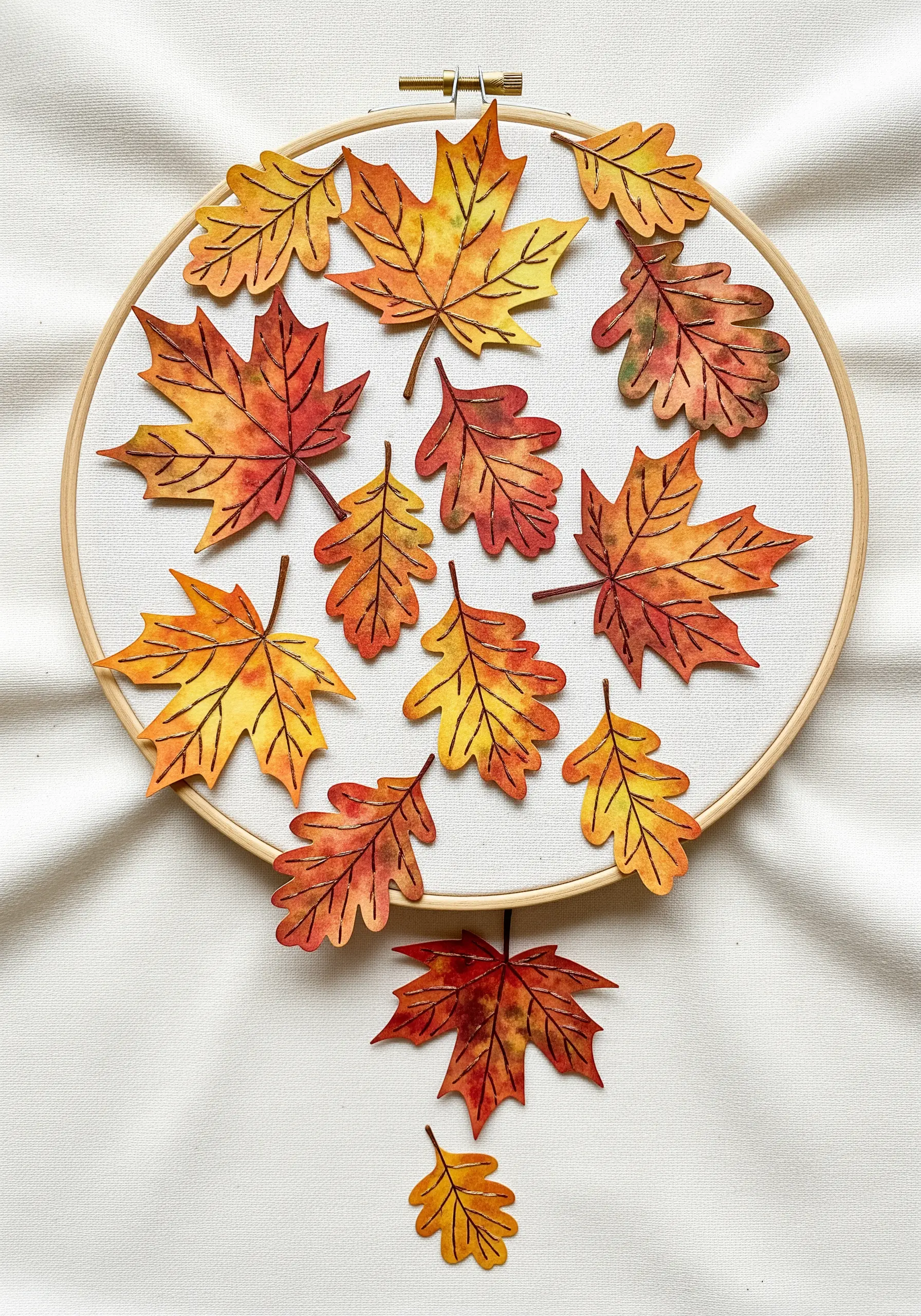 Autumn leaves cut from watercolor-painted paper, with details added using black backstitch.
