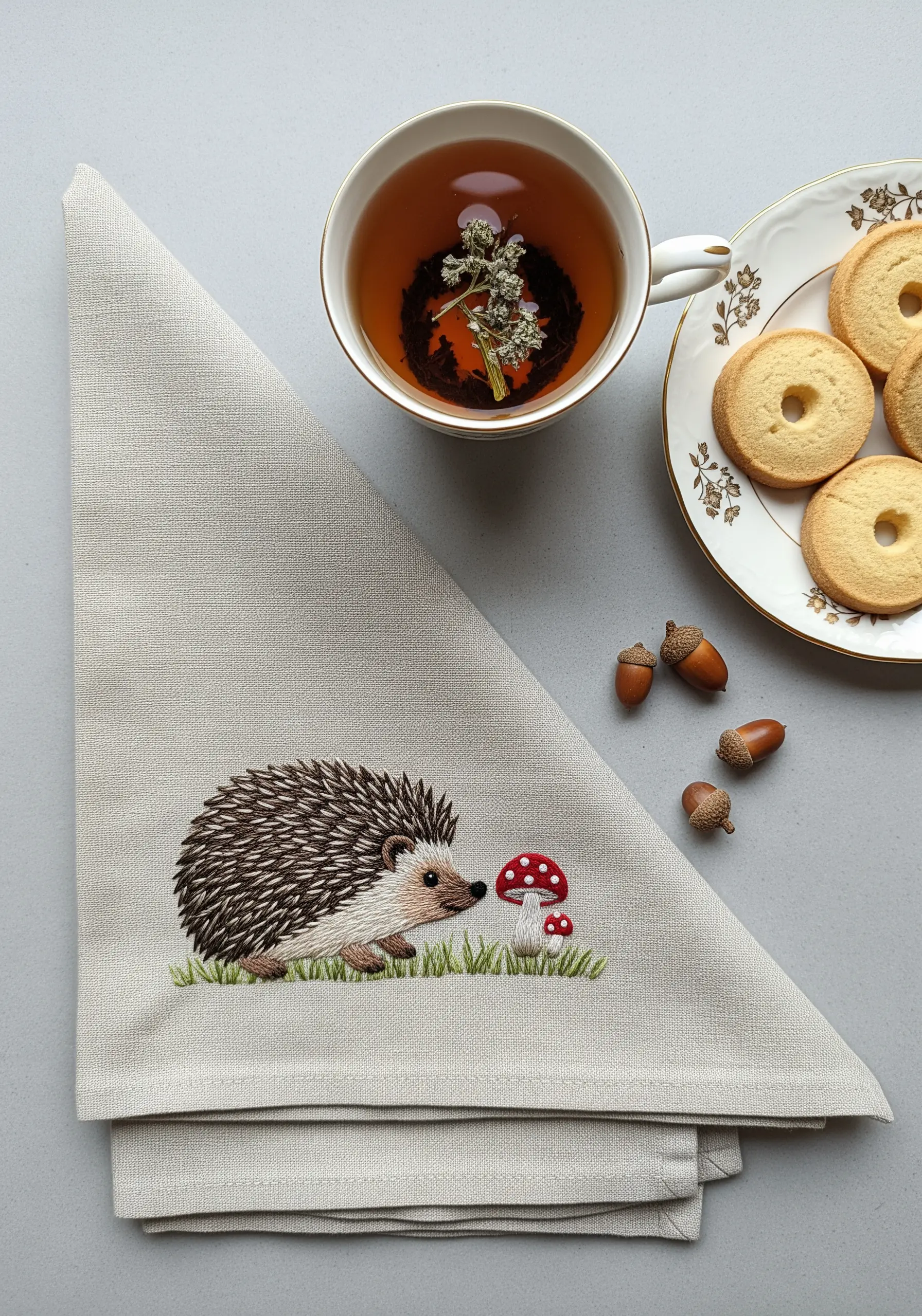 A small embroidered hedgehog and mushroom on the corner of a folded linen napkin.