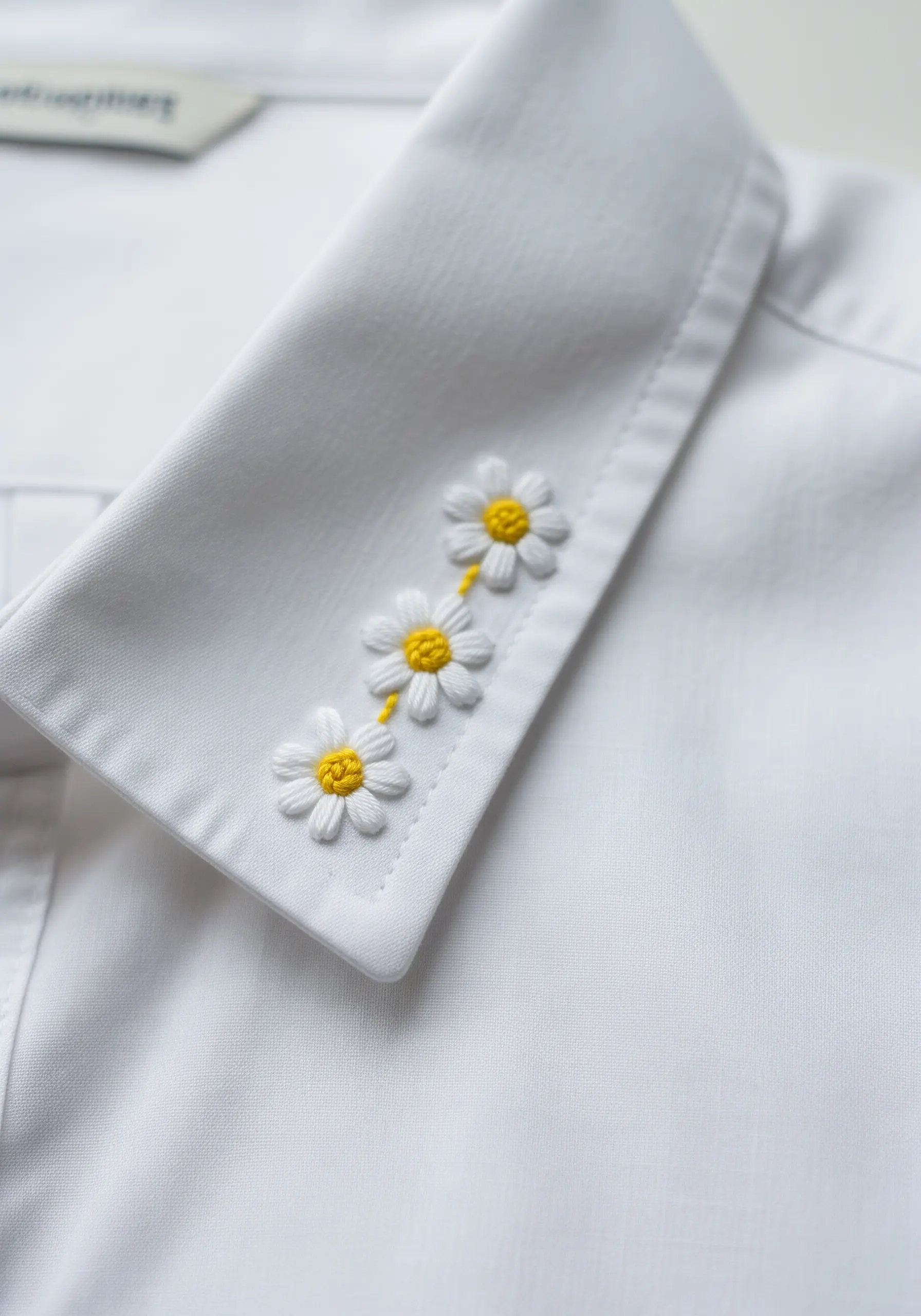 Three small white and yellow embroidered daisies on the collar of a white shirt.