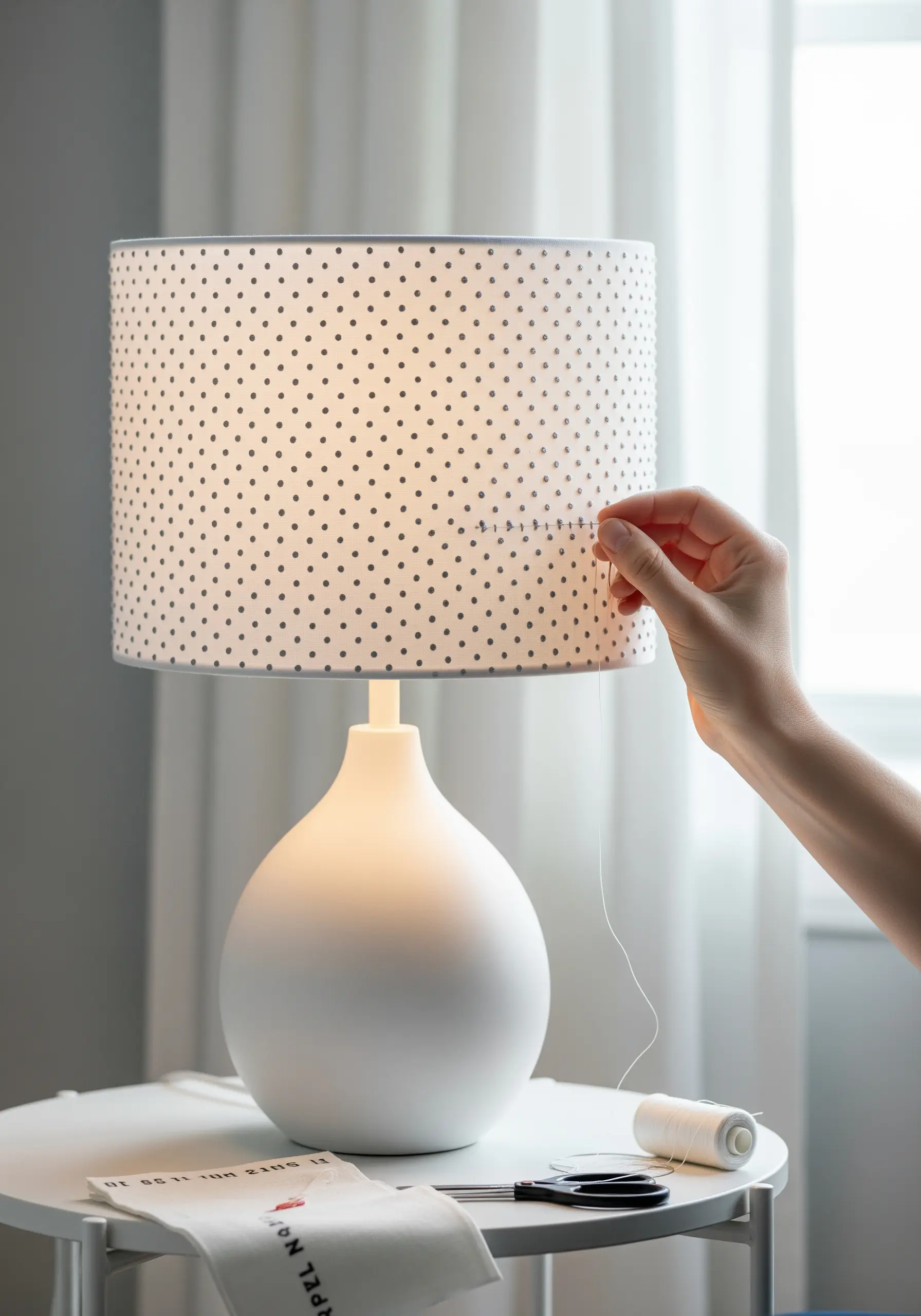 A hand stitching a simple line pattern directly onto a dotted paper lampshade.