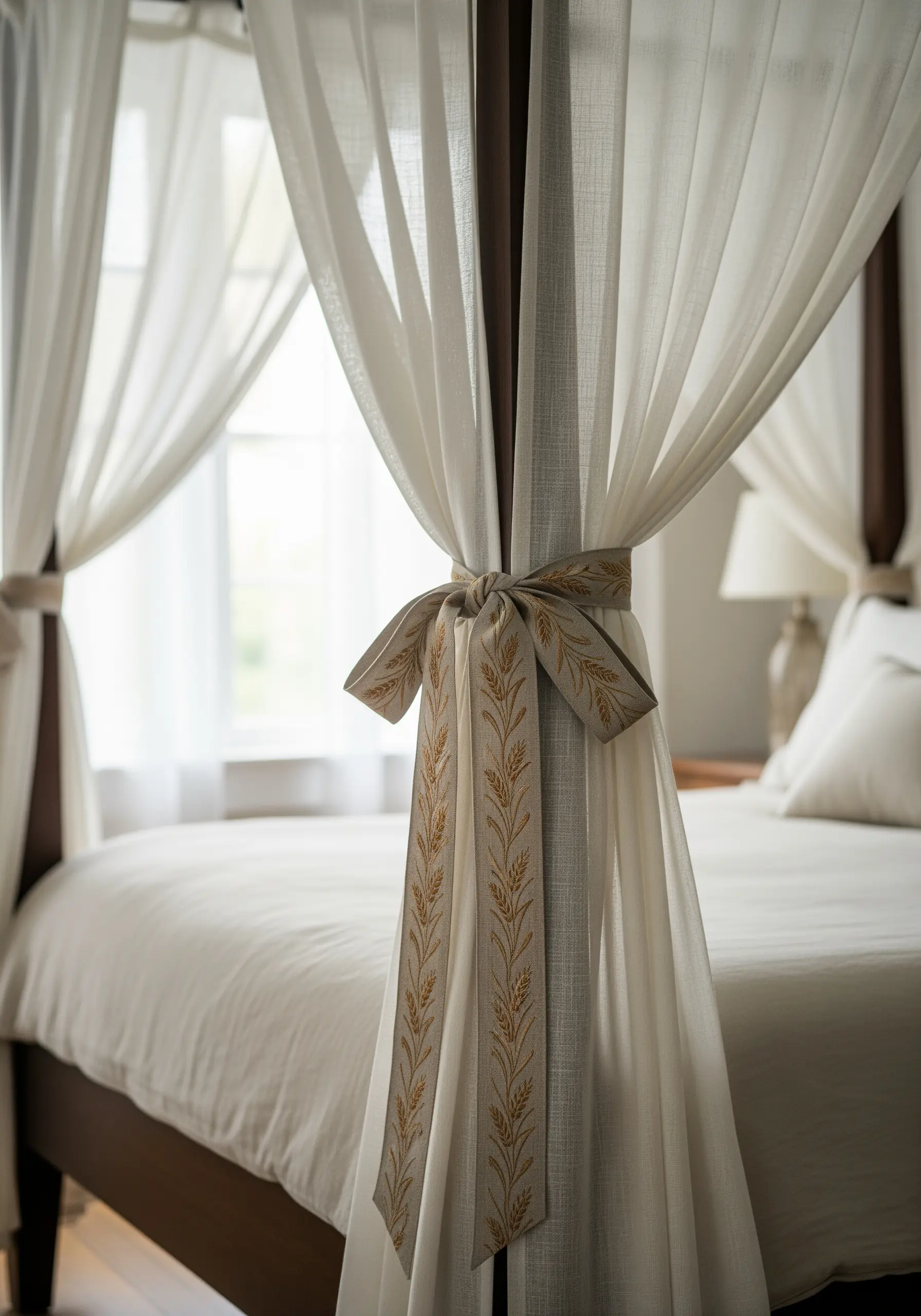 Embroidered linen tie-backs with a wheat stalk pattern, holding back sheer canopy curtains.