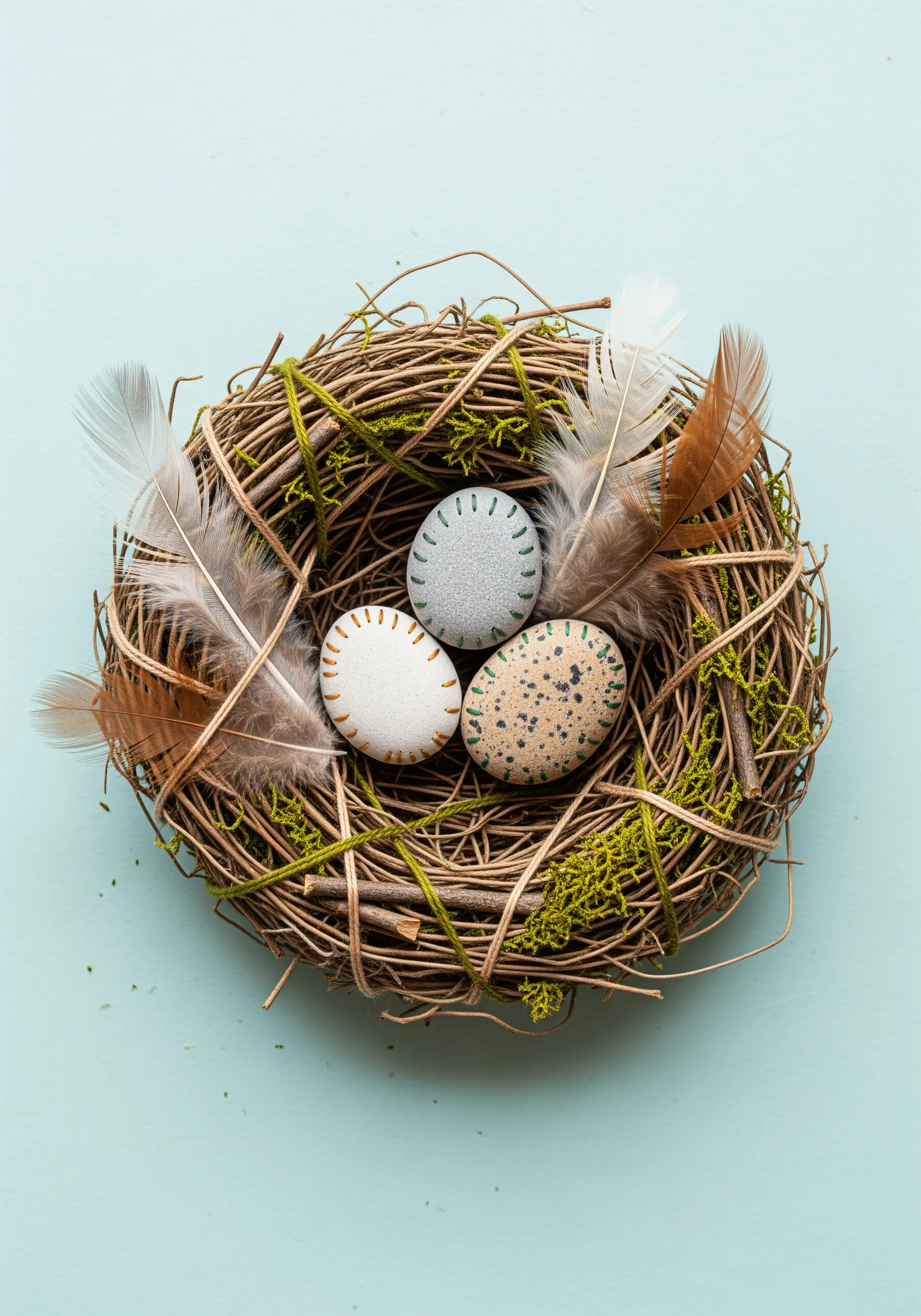Three paper-mâché eggs decorated with simple, minimal embroidery stitches, sitting in a nest.