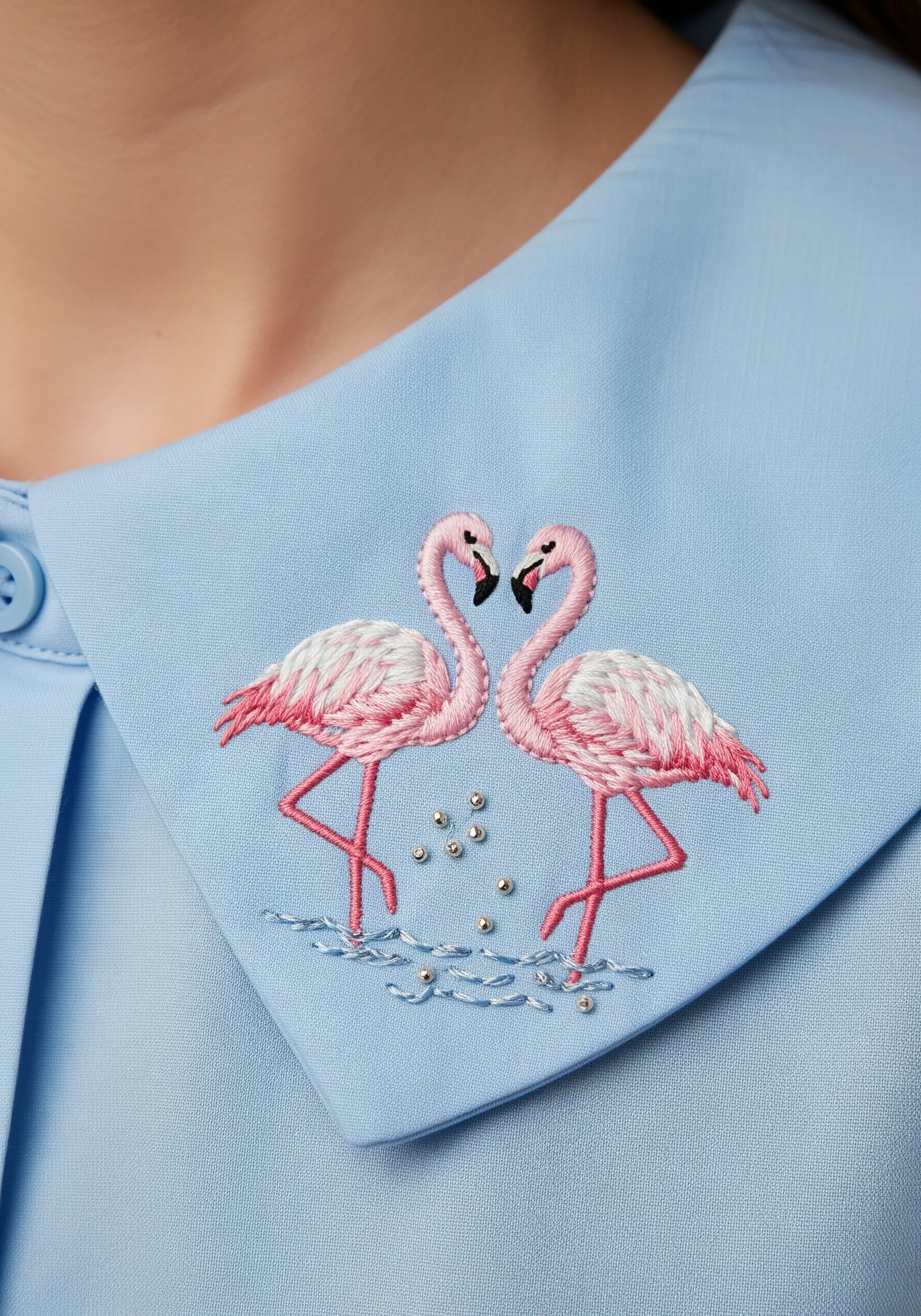 Two small flamingos stitched on the collar of a light blue shirt with silver bead accents.