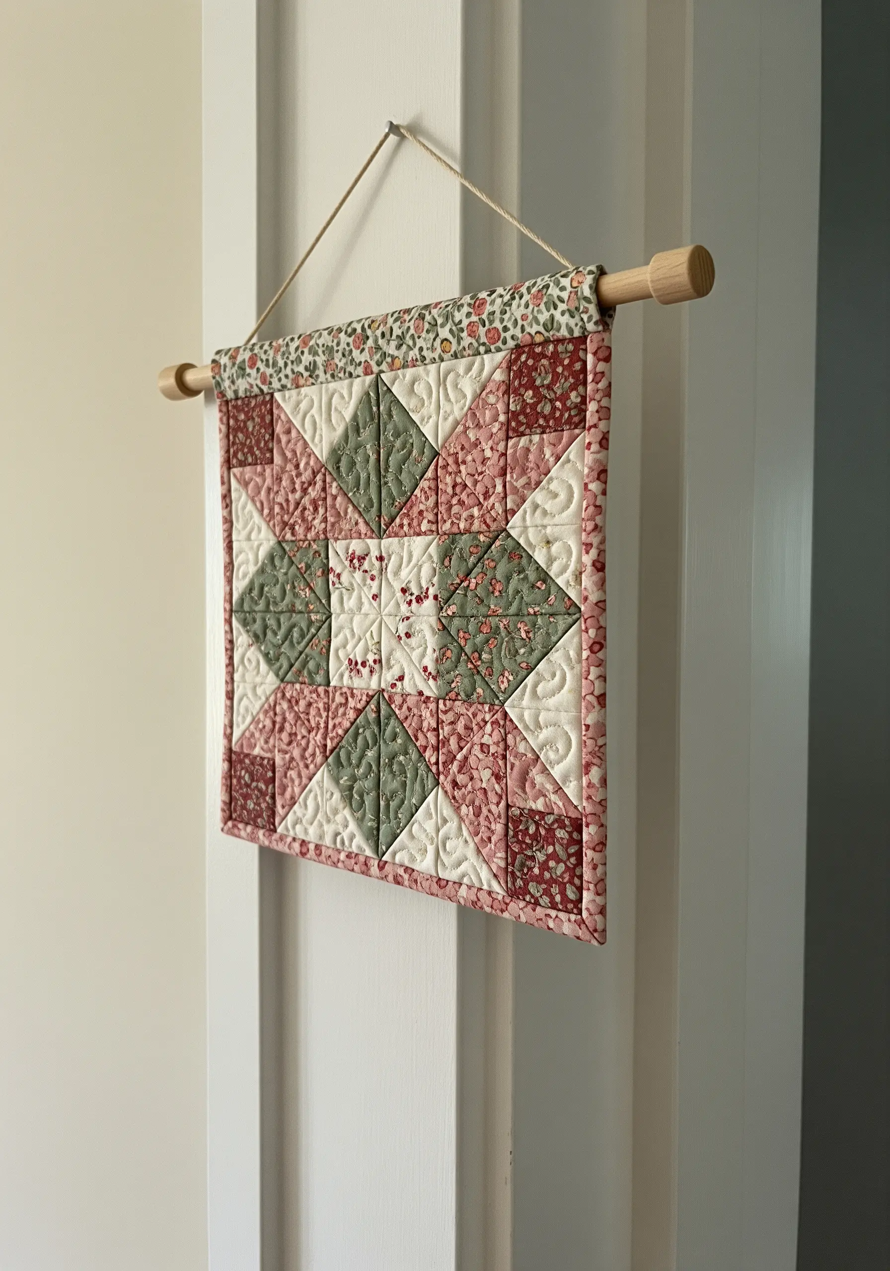 A small, quilted wall hanging with floral patterns and subtle red embroidery in the center.