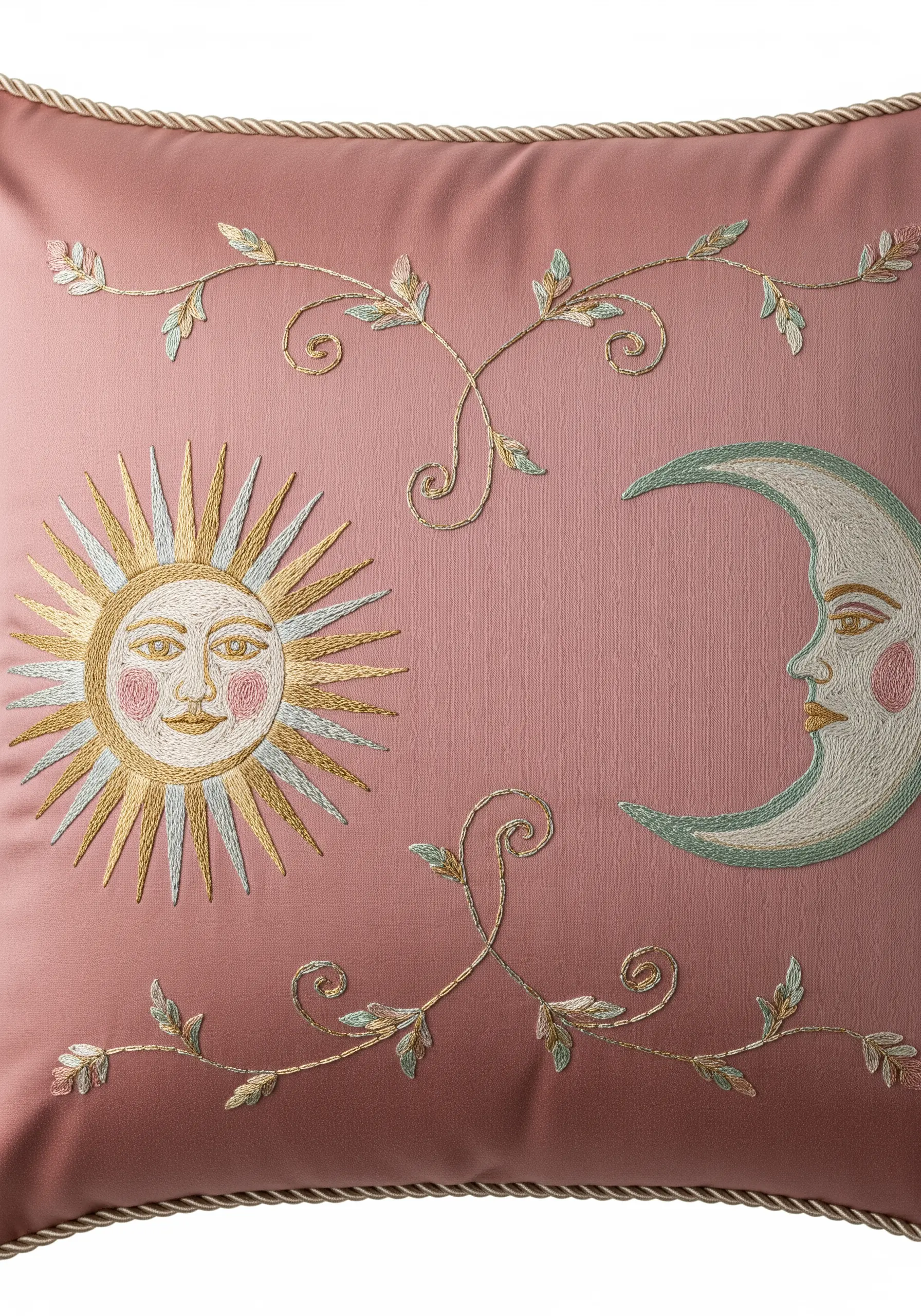 Embroidered sun and moon faces with metallic gold details on a dusty rose cushion.