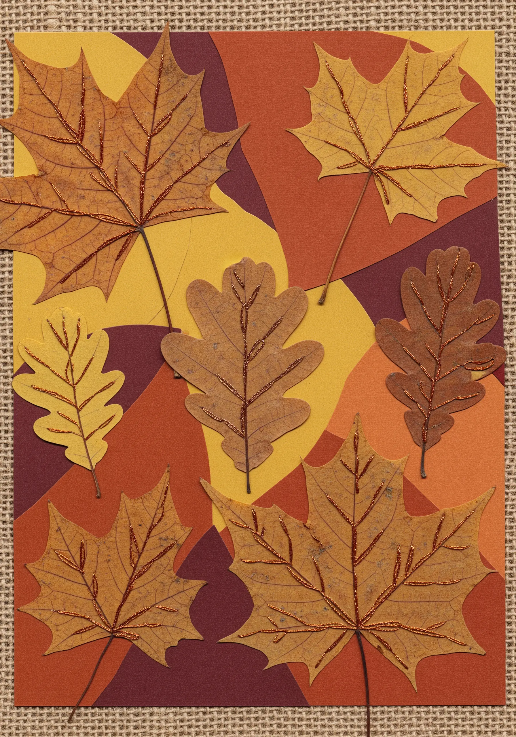 Autumn leaves on a color-blocked background with glitter thread tracing the veins.
