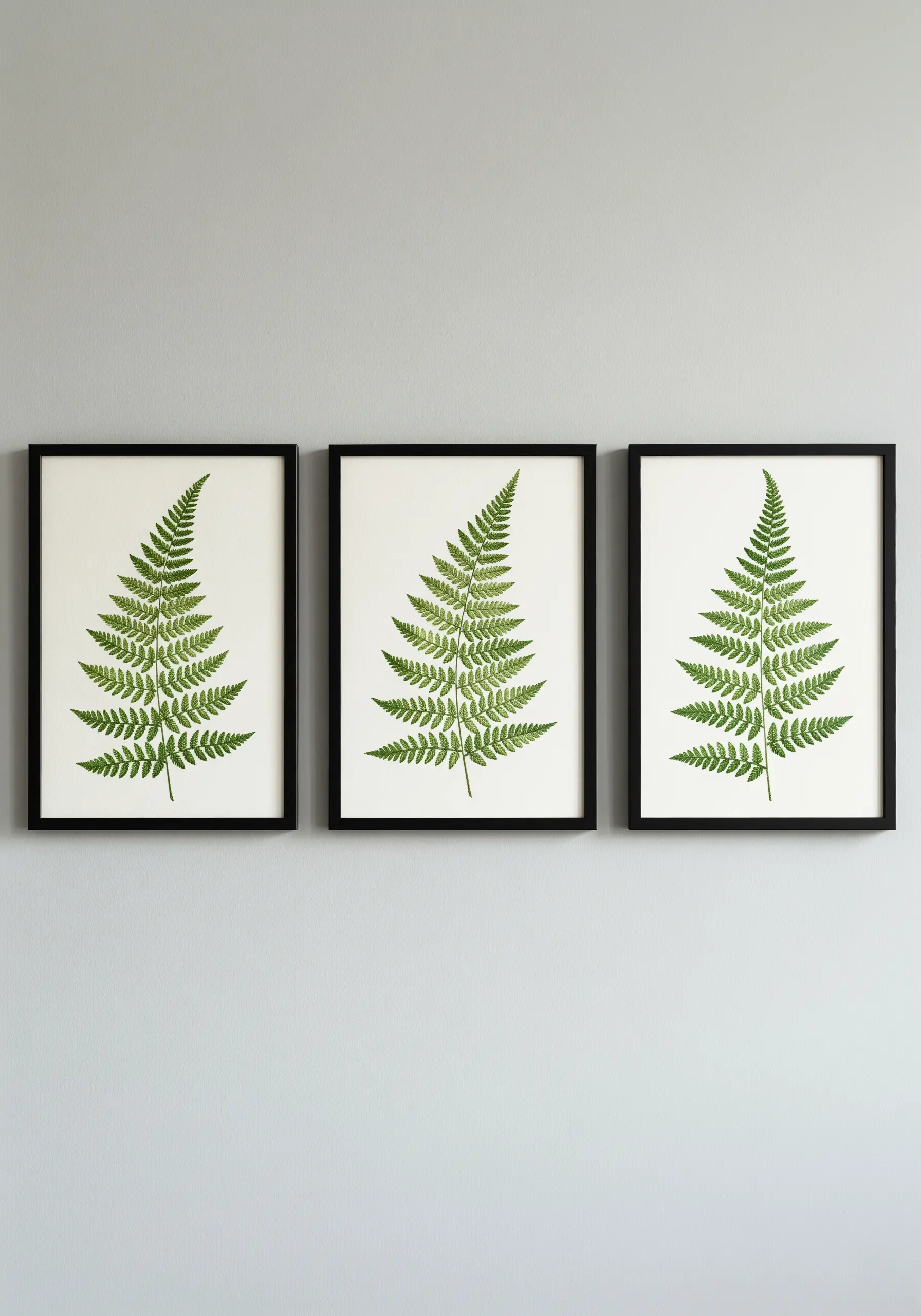 Three framed prints of green fern leaves hanging on a gray wall, enhanced with subtle embroidery.