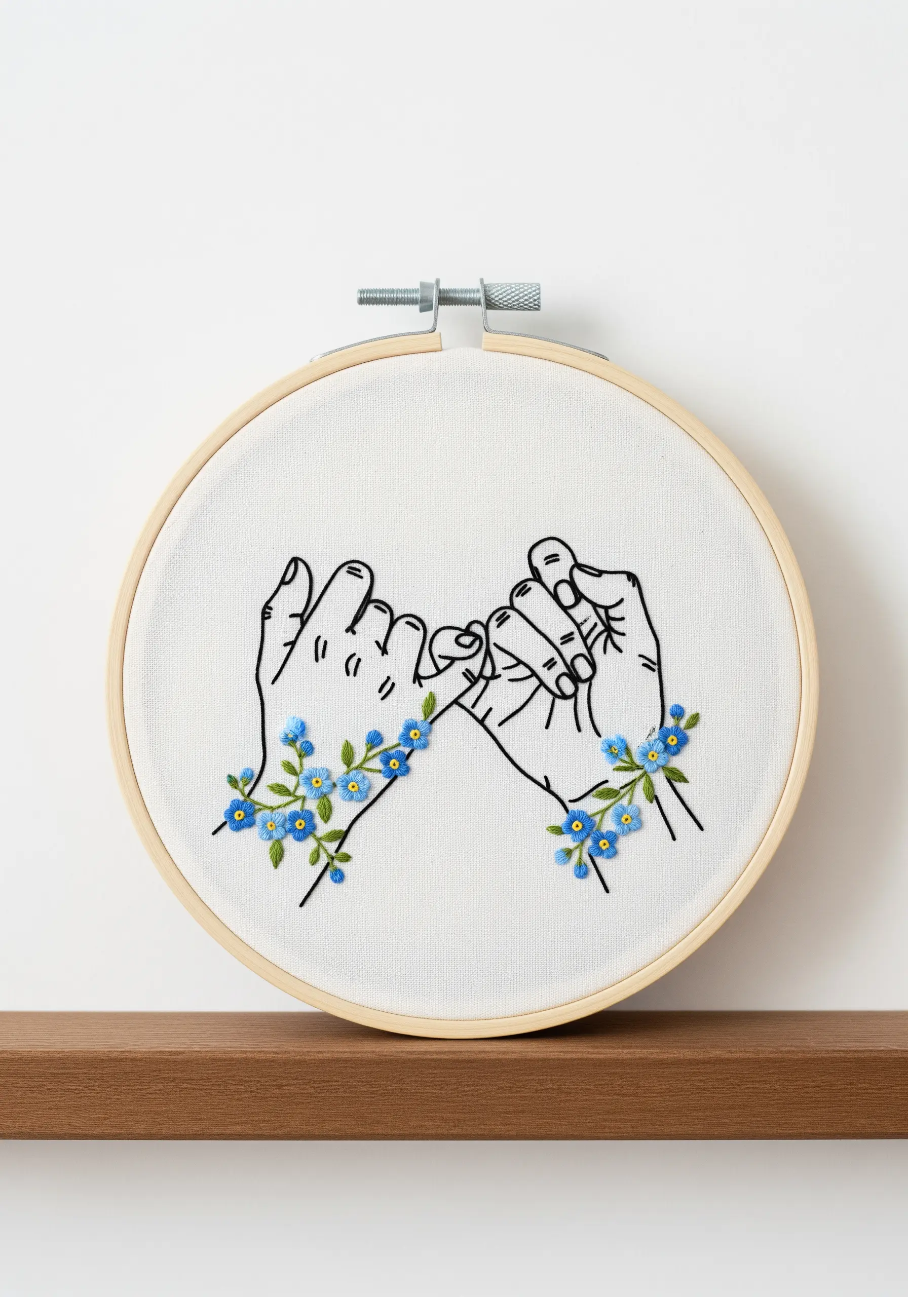 Line art pinky promise hands decorated with tiny blue forget-me-not flowers.